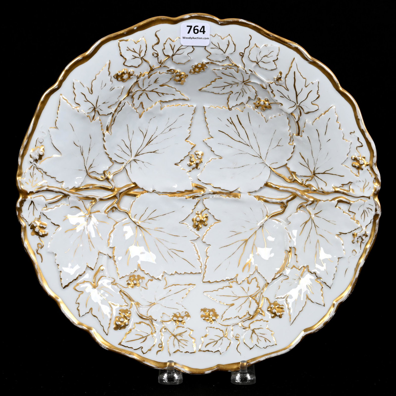 Plate/Low Bowl Marked Meissen: Plate/Low Bowl Marked Meissen, 2" x 11", White With Vintage Leaf Mold, Gold Stencil Highlights, Marked With Two Crossed Swords, No Slash Marks, Michigan Private Collection. This Item Sold At A Previou