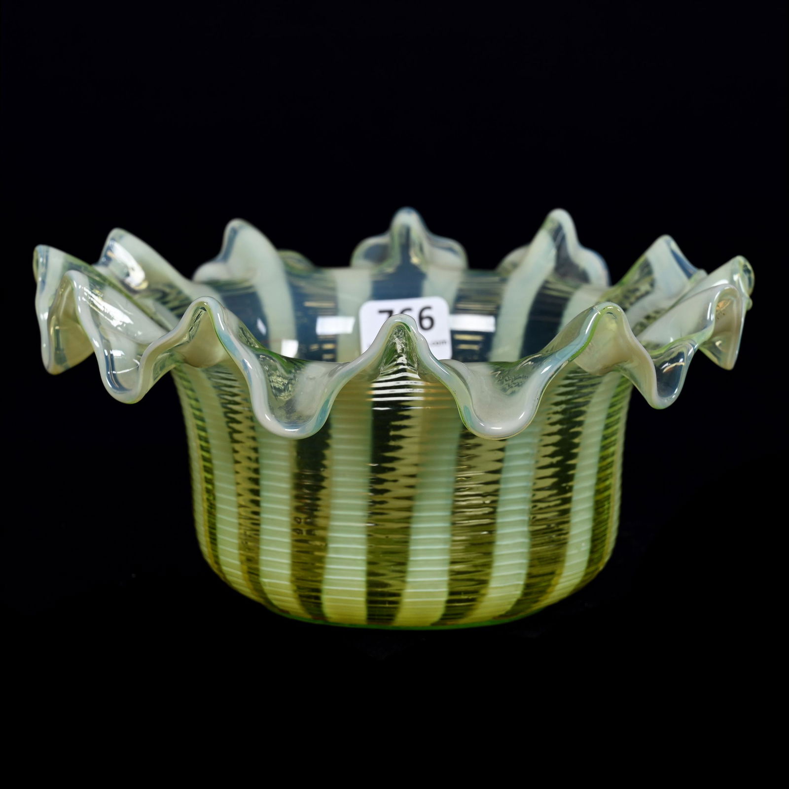 Bowl, Vaseline Opalescent Striped Art Glass (1 of 4)