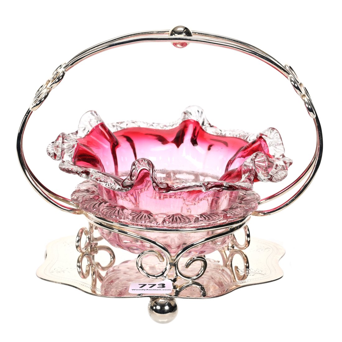 Sweetmeat, Rubina Art Glass Insert: Sweetmeat, Rubina Art Glass Insert, 5.5" X 6.5", Optic Rib Design, Clear Applied Rigoree Skirt And Rim, Set On English Silverplate Frame #170, Private Collection