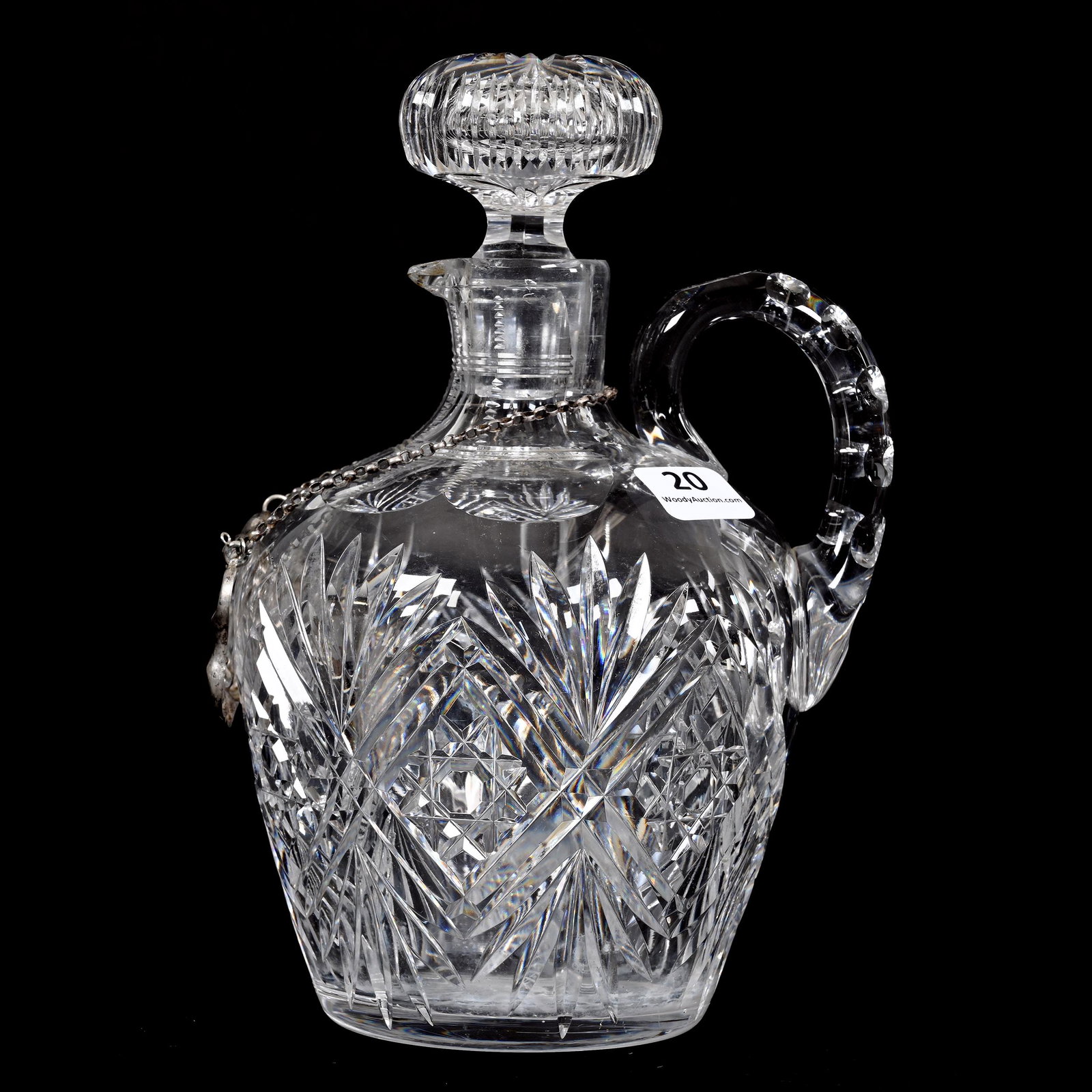Whiskey Jug, ABCG, Signed Hawkes Middlesex Pattern: Whiskey Jug, American Brilliant Cut Glass, Signed Hawkes Middlesex Pattern, 8" x 5.25", Nice Fitted Stopper, Double Notched Handle, Ray Cut Base, Sells With Sterling Silver "PONTAC" Tag, Spout Neck Ha