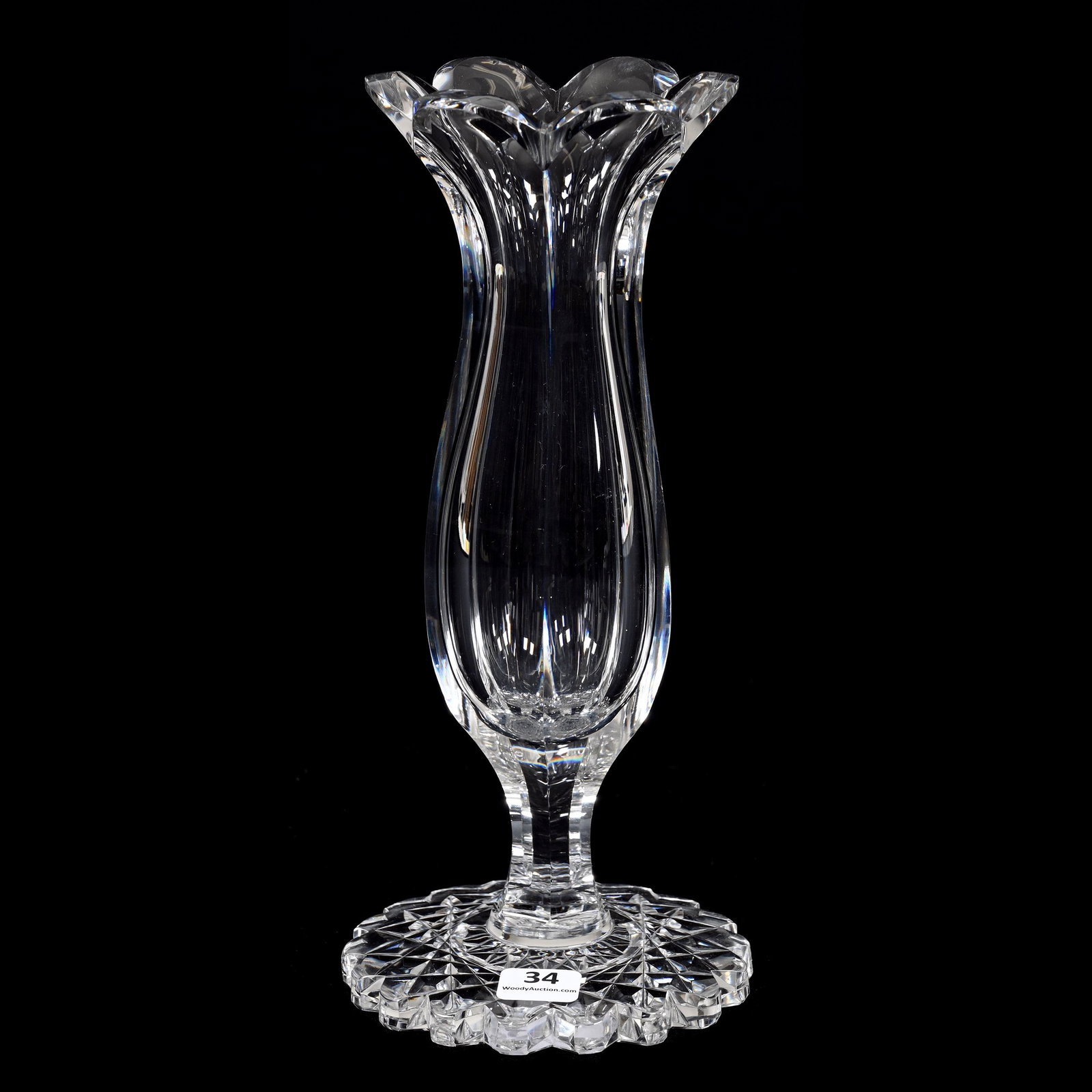 Pedestal Vase, American Brilliant Cut Glass: Pedestal Vase, American Brilliant Cut Glass, 10" x 4.5", Heavy Flute Pattern With Large Scalloped Hobstar Foot, Very Nice Quality, (2) Rim Nicks, Joe Panico Collection Of Ohio.