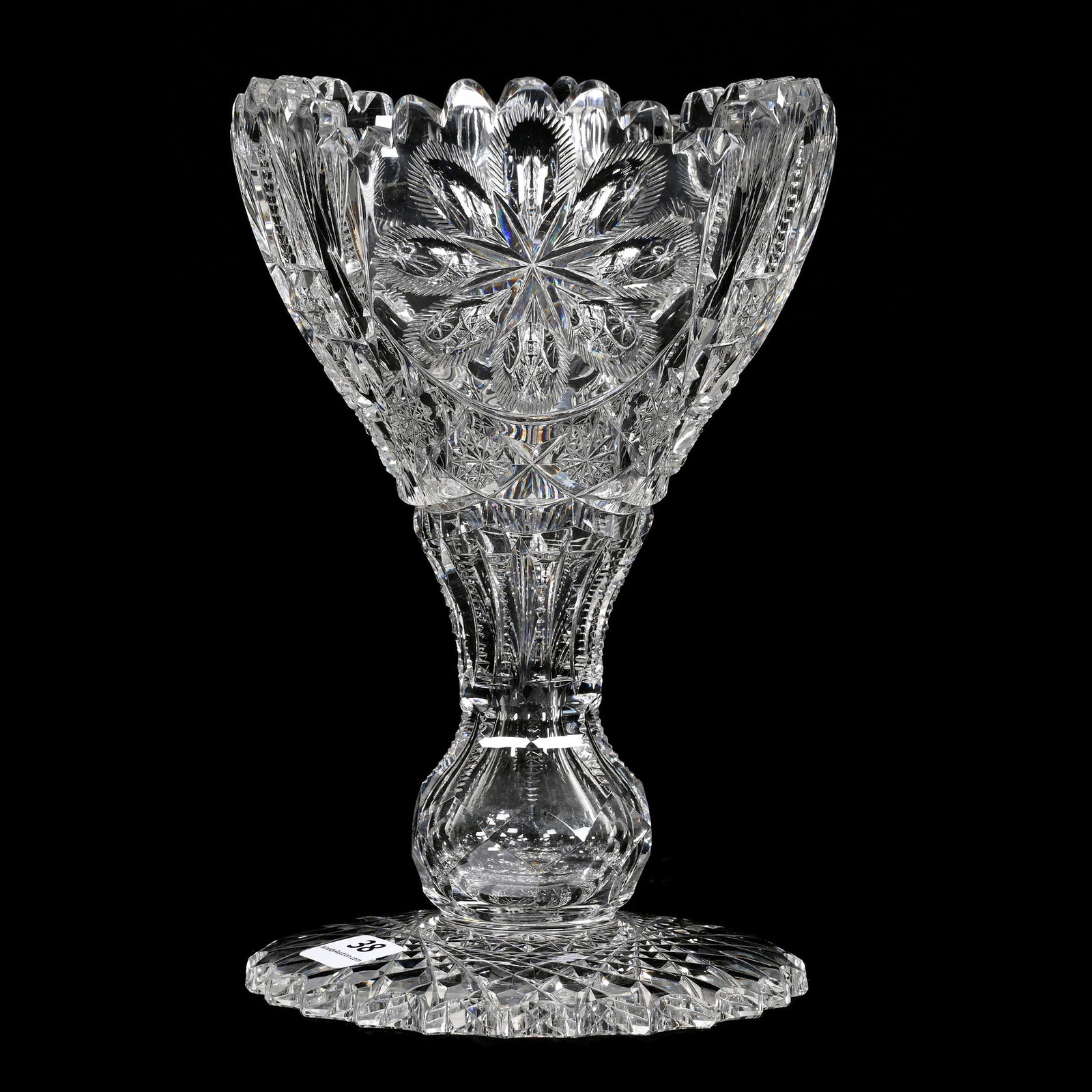 Chalice Vase, American Brilliant Cut Glass: Chalice Vase, American Brilliant Cut Glass, 8" x 5.25", Feathered Blossom With Hobstar Chain, Prism And Fan Highlights, Large Scalloped Hobstar Foot Which Appears To Have Had A Professional Rim Trim, 