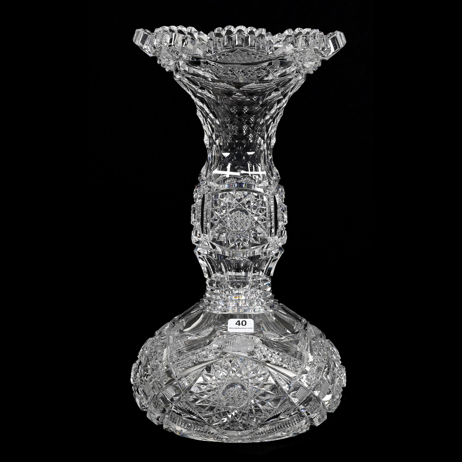Vase, ABCG, Carnation Pattern By Pairpoint: Vase, American Brilliant Cut Glass, Carnation Pattern By Pairpoint, 14" x 7.5", Exactly As Shown In ACGA Pairpoint Catalog Reprint, Page 156, Hobstar Base, Pattern Cut Rim, Beautiful Example, Nearly I