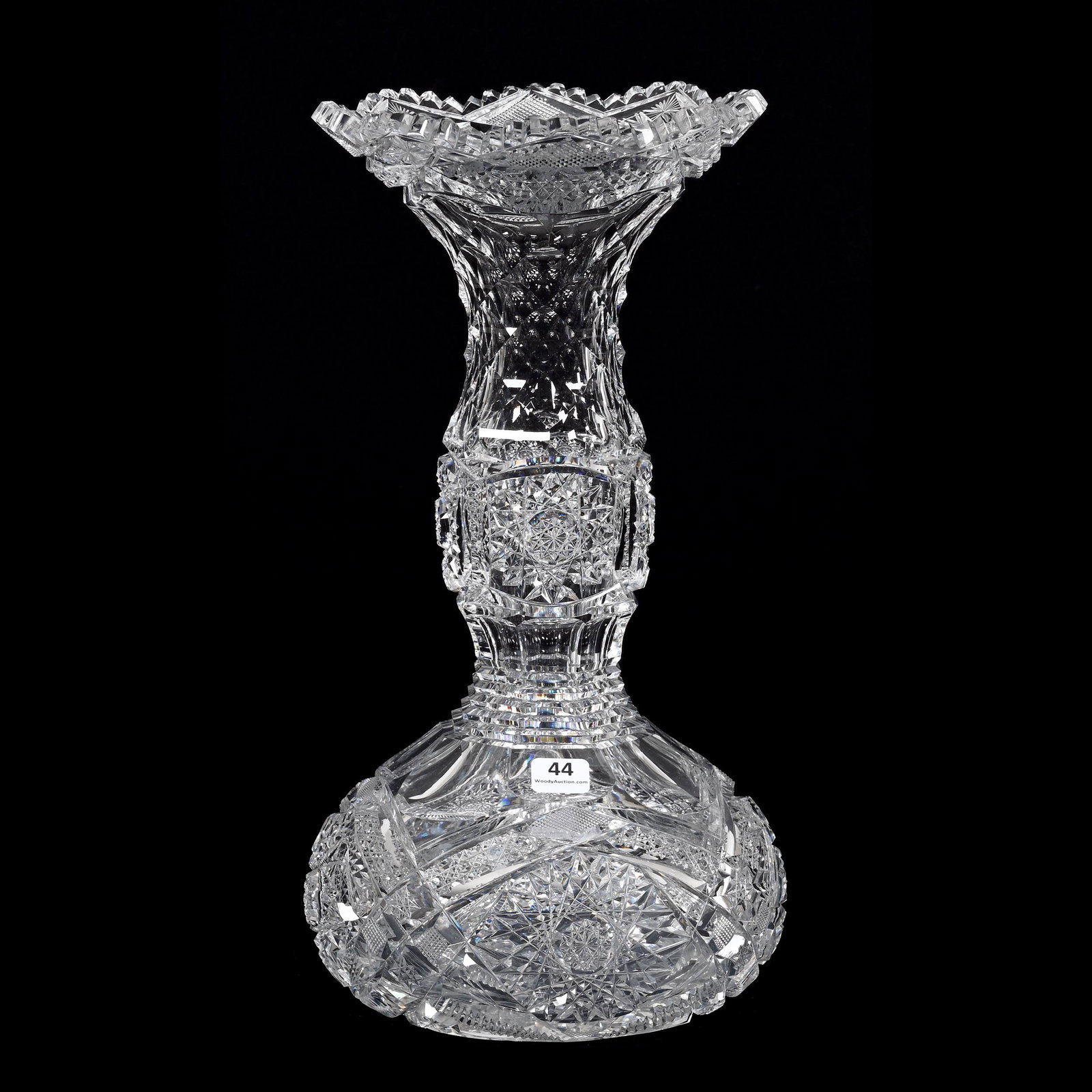 Vase, ABCG, Carnation Pattern By Pairpoint: Vase, American Brilliant Cut Glass, Carnation Pattern By Pairpoint, 14" x 7.5", Exactly As Shown In ACGA Pairpoint Catalog Reprint, Page 156, Hobstar Base, Pattern Cut Rim, Beautiful Example, Nearly I