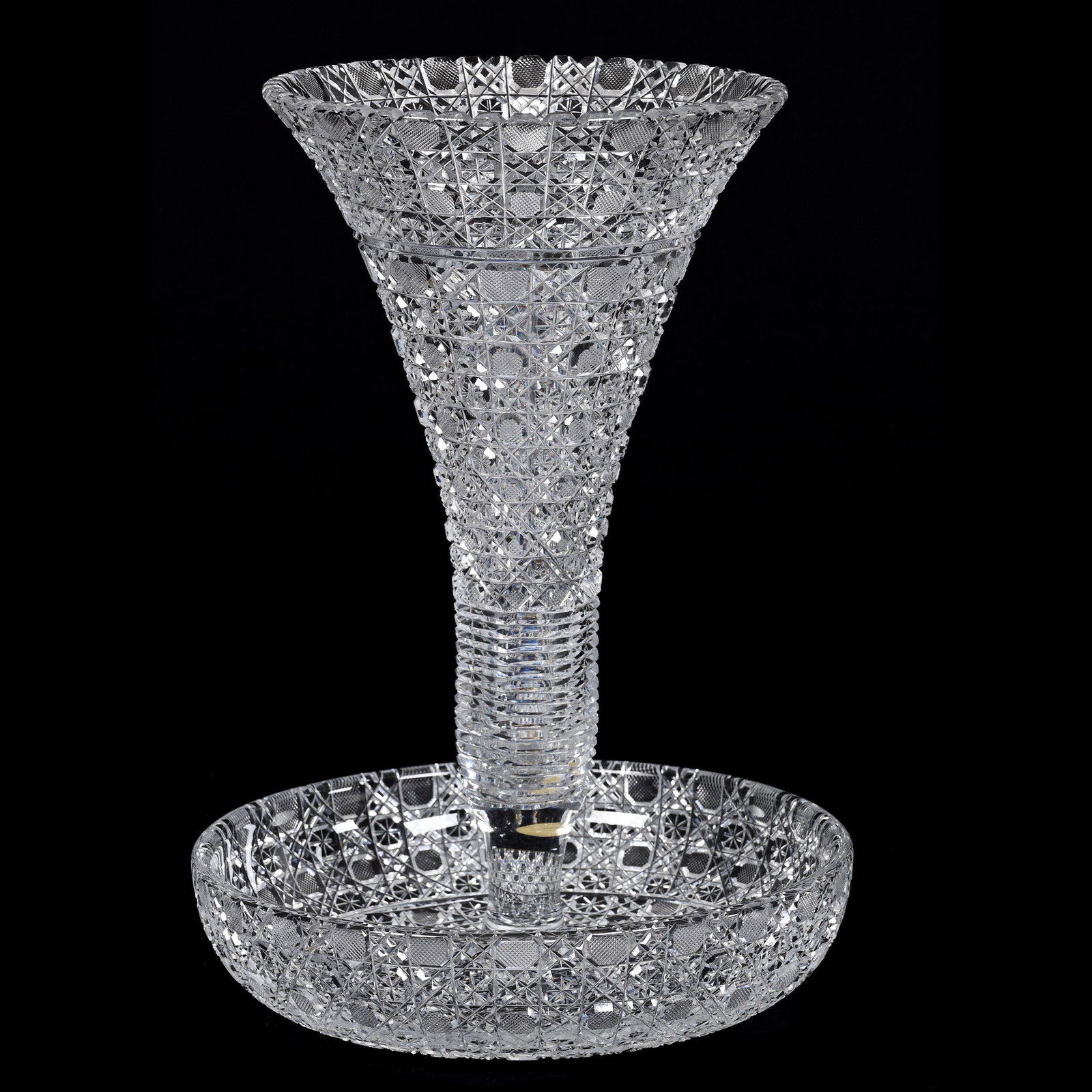 Epergne, Single Lily, American Brilliant Cut Glass: Epergne, Single Lily, American Brilliant Cut Glass, 12.75" x 9", India Pattern By Bergen, Fully Cut, Joe Panico Collection Of Ohio.