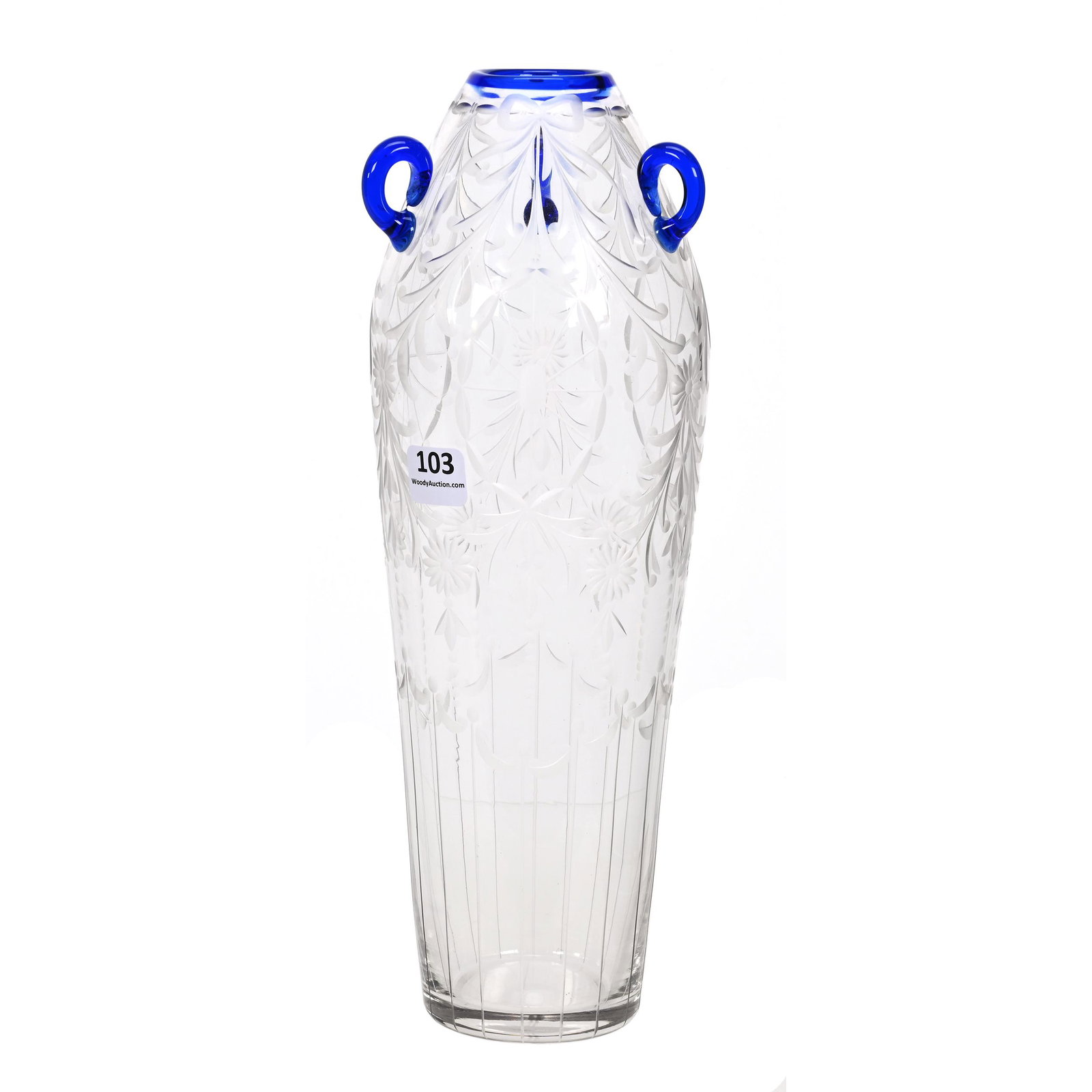 Vase, ABCG, Waterford Pattern By Pairpoint, Three Handles: Vase, American Brilliant Cut Glass, Waterford Pattern By Pairpoint, Three Handles, 11.5" x 4", Cobalt Blue Applied Handles And Rim, Engraved Floral Medallion And Garland Design, Joe Panico Collection 