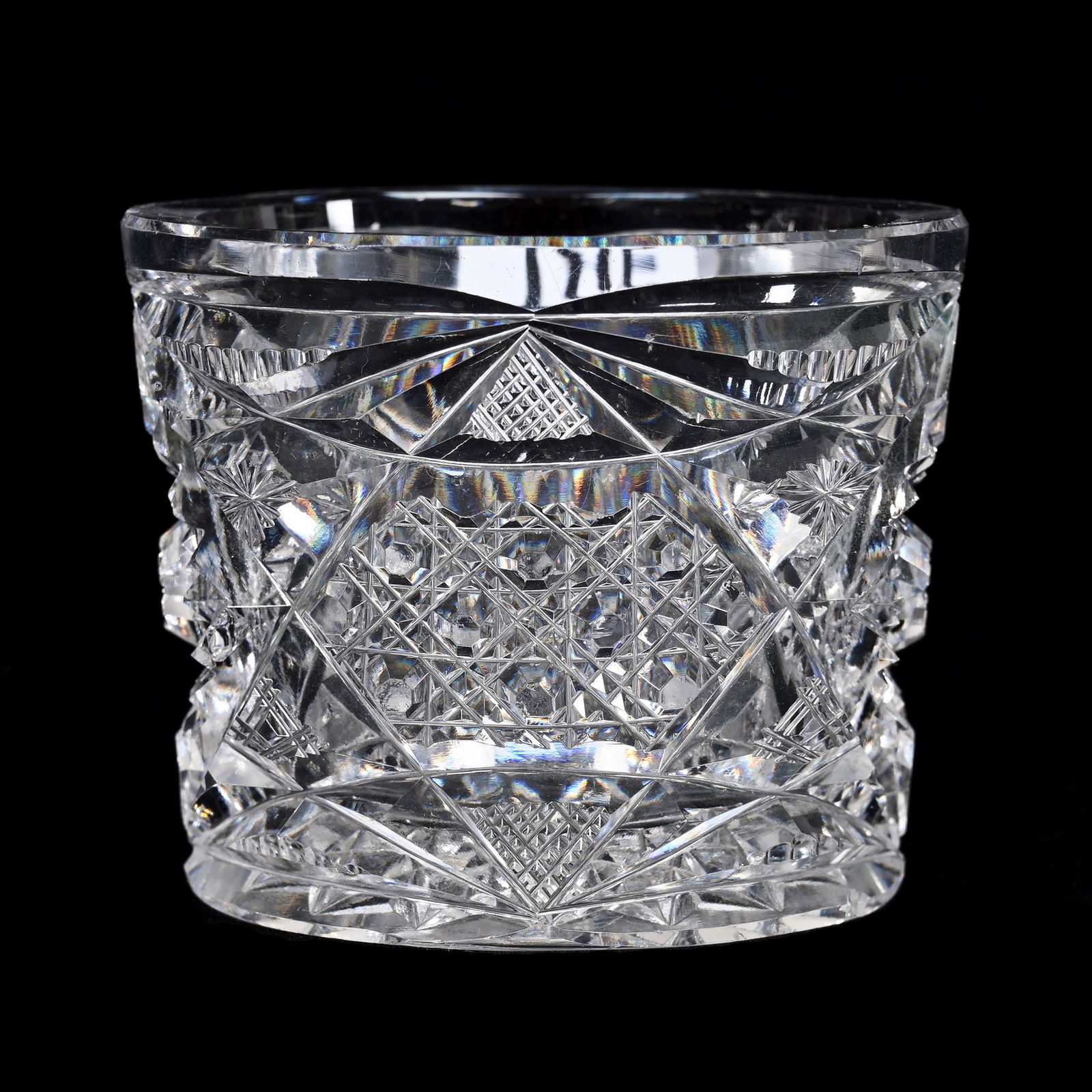 Match Holder, American Brilliant Cut Glass: Match Holder, American Brilliant Cut Glass, 2.25" x 2.75", Star And Circle Mark (Libbey Blank), Hobstar, Cane And Star Motif, Some Pattern Nicks, Hobstar Base, Joe Panico Collection Of Ohio.