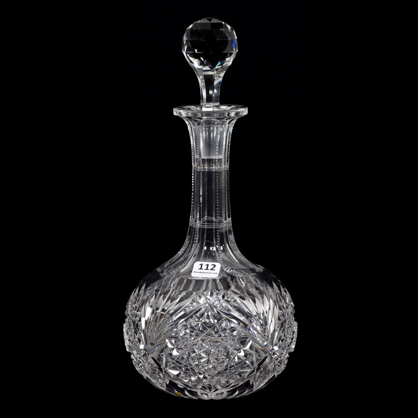 Decanter, American Brilliant Cut Glass: Decanter, American Brilliant Cut Glass, 12" x 5.5", Hobstar, Crosscut Diamond, Strawberry Diamond And Fan Motif, Ray Cut Base, Some Pattern Roughness, Light Staining Interior Base, Joe Panico Collecti
