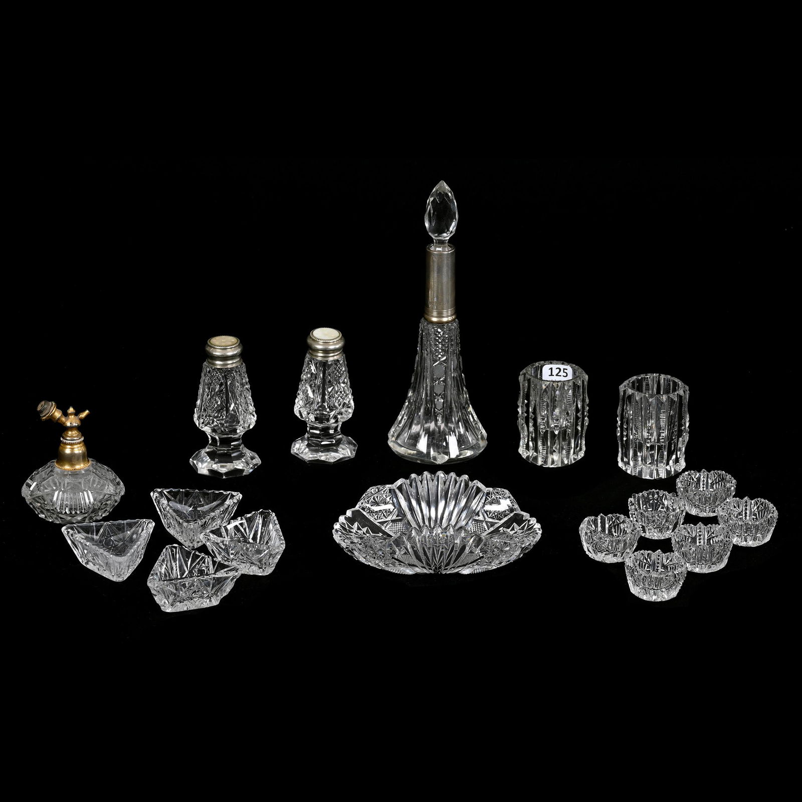 (17) Assorted Items, Most Are ABCG: (17) Assorted Items, Most Are American Brilliant Cut Glass, (1) 7.5" Perfume Bottle With Silver Collar, (1) Pair 3.5" Salt & Pepper, (1) Pair 2.5" Toothpick Holders, (4) Triangular Salt Dips, (6) Roun