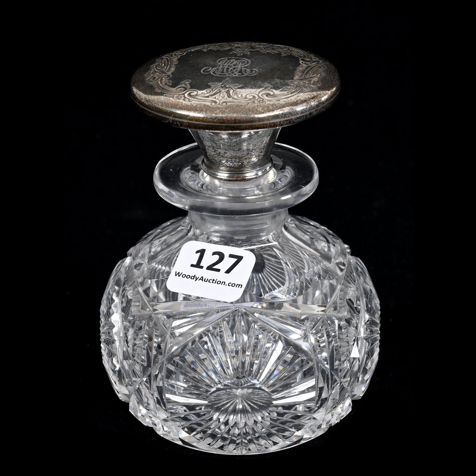 Cologne Bottle, American Brilliant Cut Glass: Cologne Bottle, American Brilliant Cut Glass, 4.25" x 3", Sunburst And Prism Motif, Ray Cut Base, Gorham #D2527, Sterling Stopper, Stopper Plug Chip, Joe Panico Collection Of Ohio.