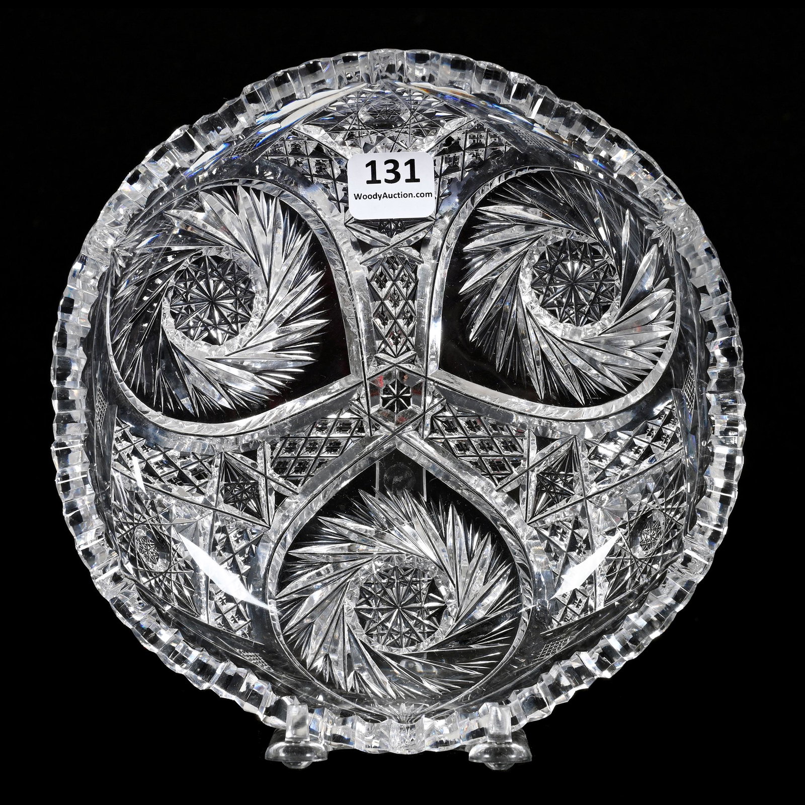 Low Bowl, Aurora Pattern, Signed Clark: Low Bowl, Aurora Pattern, Signed Clark, American Brilliant Cut Glass, 1.75" x 7", Three Sections Of Pinwheel, Hobstar, Crosscut Diamond Motif, Joe Panico Collection Of Ohio.