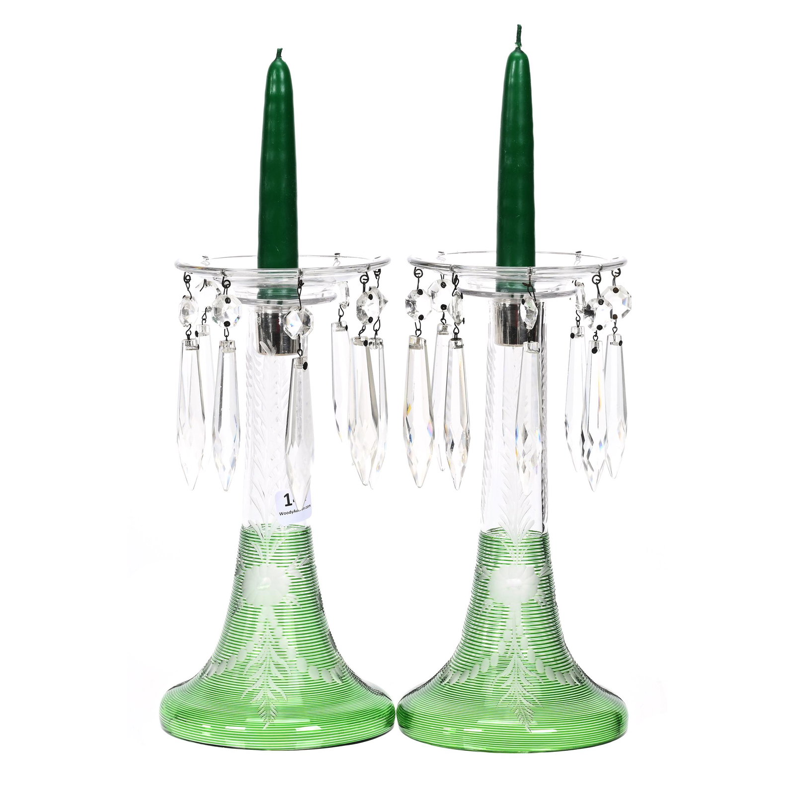 Pair Candlesticks, ABCG, Signed Hawkes: Pair Candlesticks, American Brilliant Cut Glass, Signed Hawkes, 9.25" x 4.25", Engraved Floral Garland Design With Green Threading, Removable Clear Glass Bobeches, Joe Panico Collection Of Ohio.