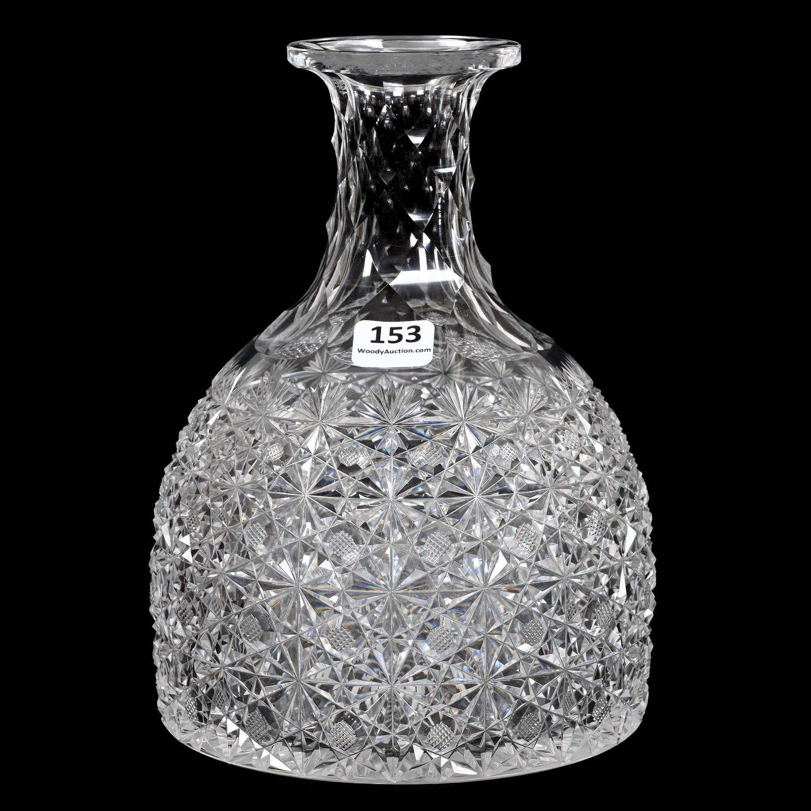 Water Carafe, American Brilliant Cut Glass: Water Carafe, American Brilliant Cut Glass, 7.75" x 5.5", Modified Russian Pattern, St. Louis Diamond Neck, Ray Cut Base, Joe Panico Collection Of Ohio.