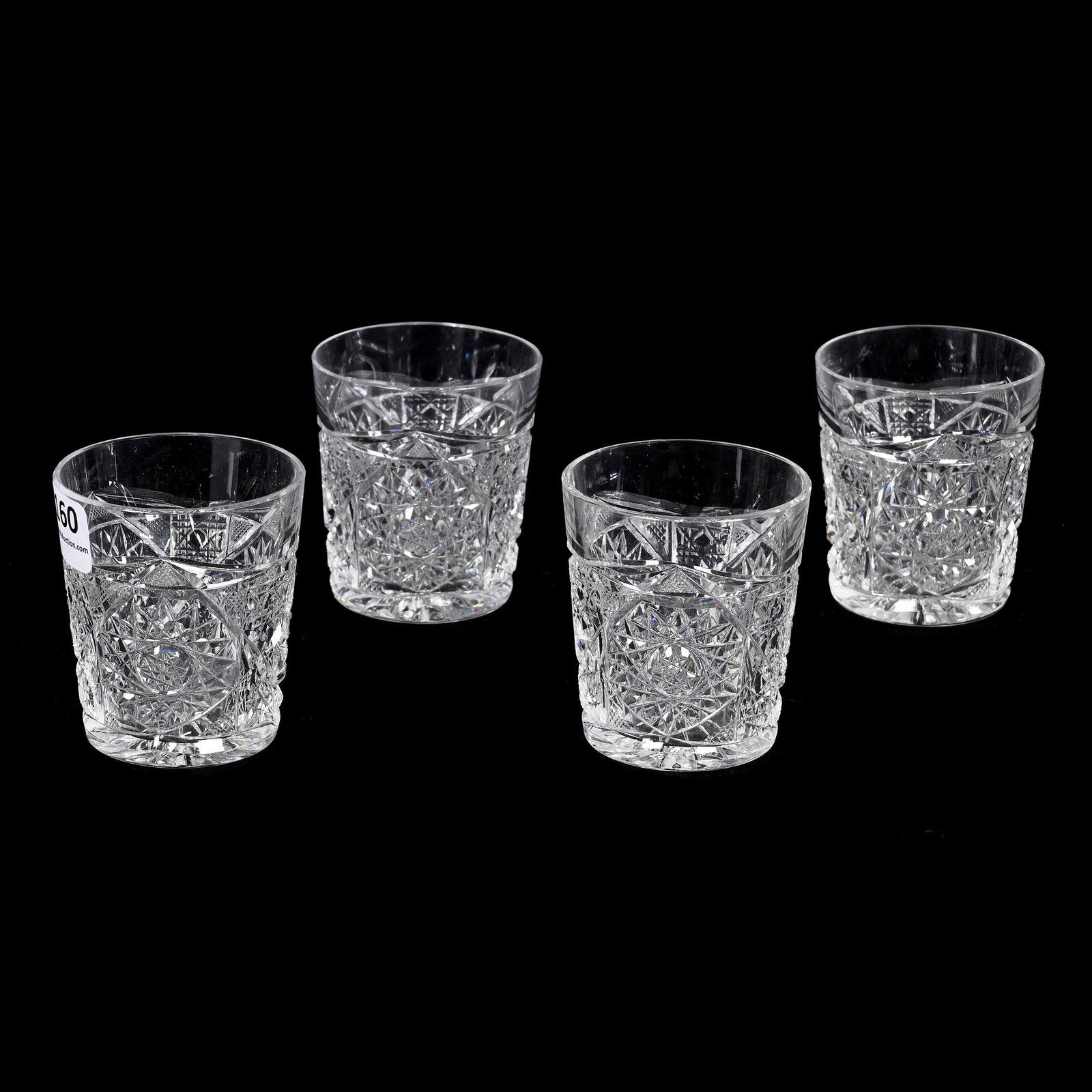 (4) Whiskey Tumblers, American Brilliant Cut Glass: (4) Whiskey Tumblers, American Brilliant Cut Glass, 2.5" x 2.25", Hobstar, Cane And Strawberry Diamond Motif, Ray Cut Base, Joe Panico Collection Of Ohio. UPDATED 9-9-22: All Four Rims Have Been Profe