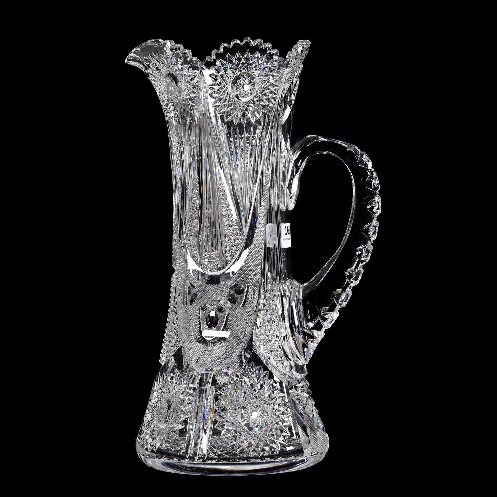 Tankard, ABCG, Byzantine Pattern By Meriden: Tankard, American Brilliant Cut Glass, Byzantine Pattern By Meriden, 12" x 7.25", Elegant Shape, Fantastic Blank, Pattern Cut Handle, Hobstar Base, Joe Panico Collection Of Ohio.