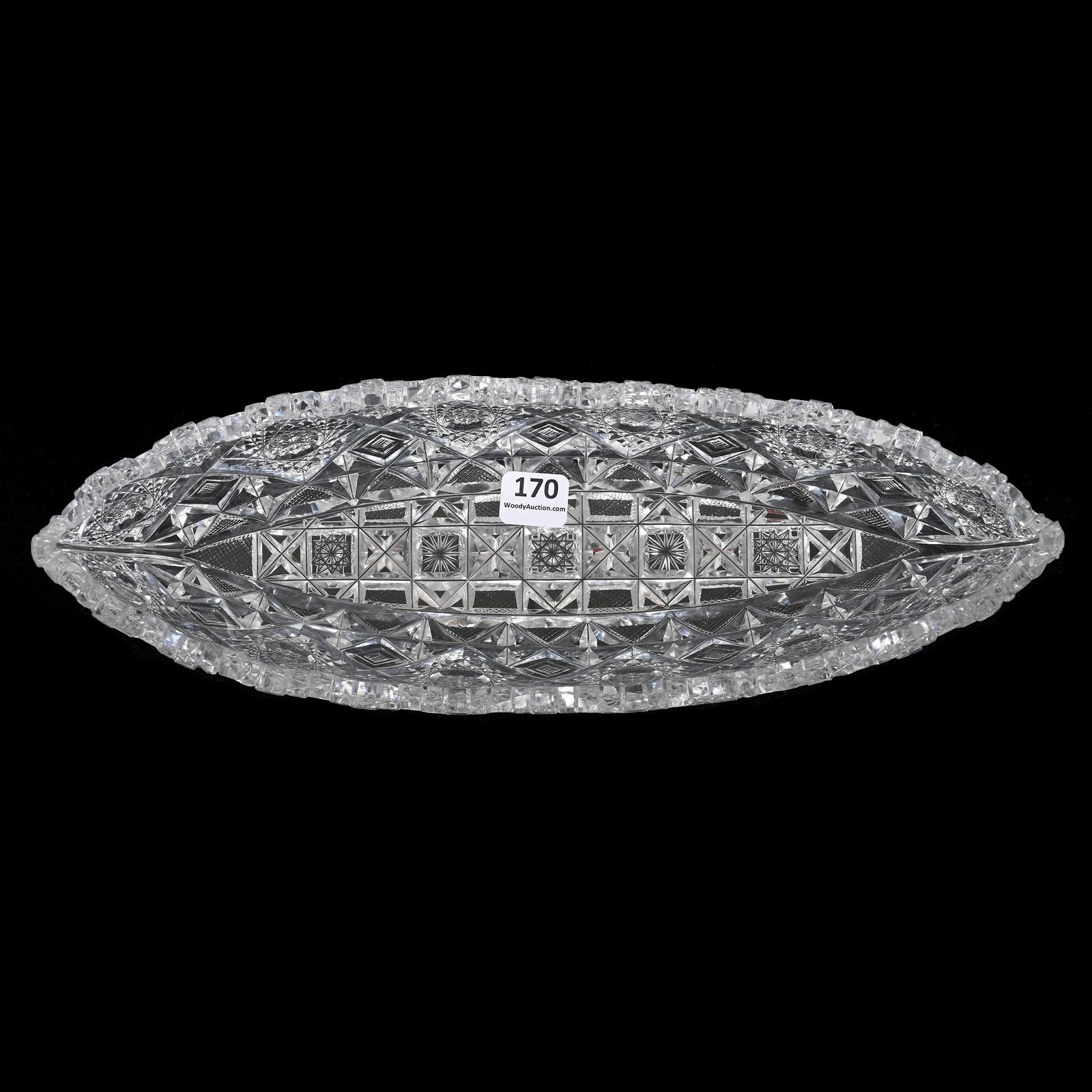 Celery Tray, ABCG, Canoe Shape, Signed Clark: Celery Tray, American Brilliant Cut Glass, Canoe Shape, Signed Clark, 2.5" x 12.5" x 4.25", Prima Donna Pattern, Surprisingly Good Condition, One Tooth Is Polished, Joe Panico Collection Of Ohio.