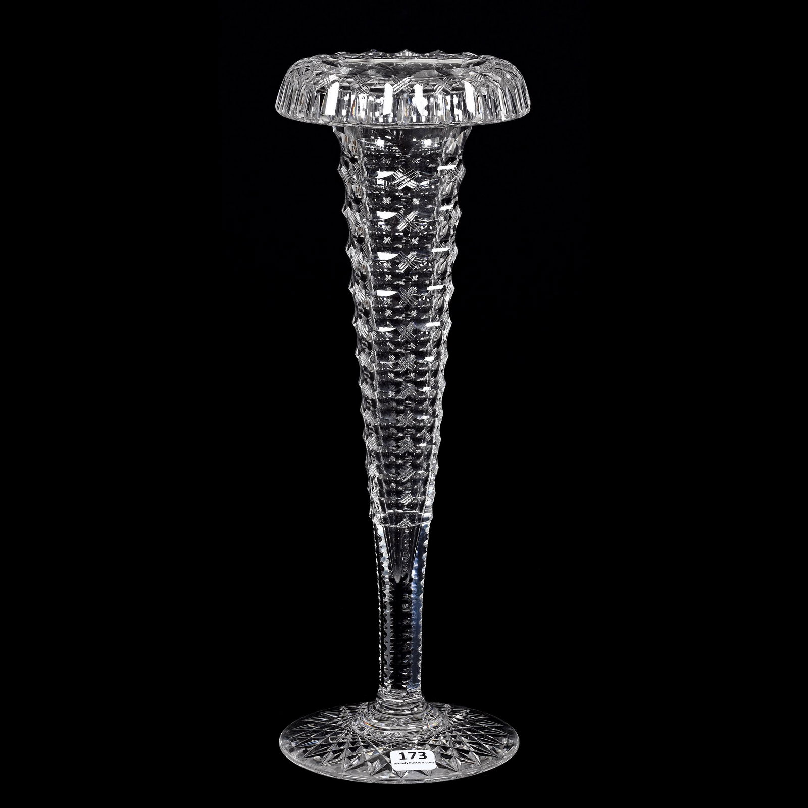 Trumpet Vase, ABCG, Rolled Rim: Trumpet Vase, American Brilliant Cut Glass, Rolled Rim, 14" x 5", Savoy Pattern By Pairpoint, Hobstar Foot, Joe Panico Collection Of Ohio.