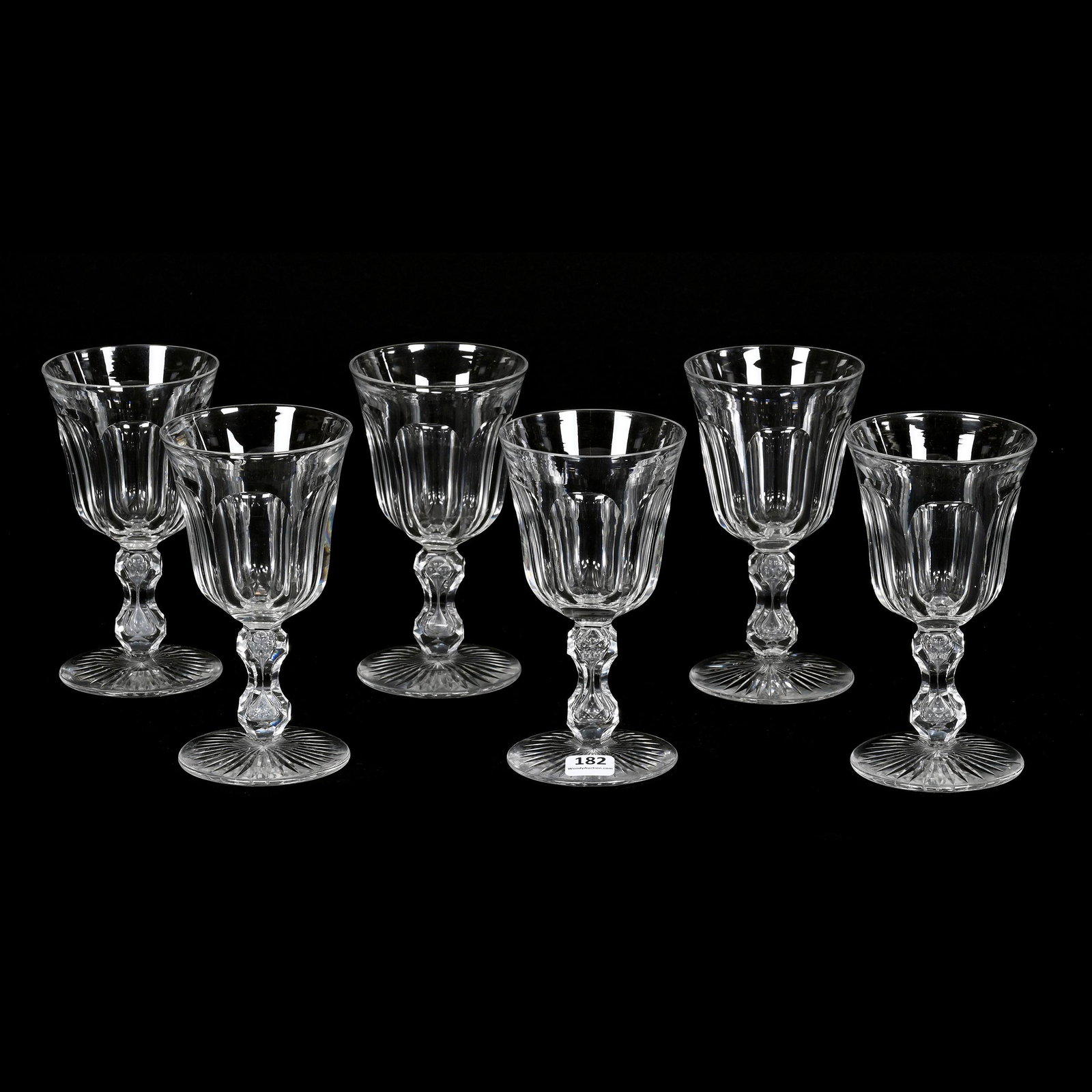 (6) Water Goblets, ABCG, Colonial By Dorflinger: (6) Water Goblets, American Brilliant Cut Glass, Colonial By Dorflinger, 6" x 3.25", Double Teardrop Stem, Ray Cut Foot, Joe Panico Collection Of Ohio.