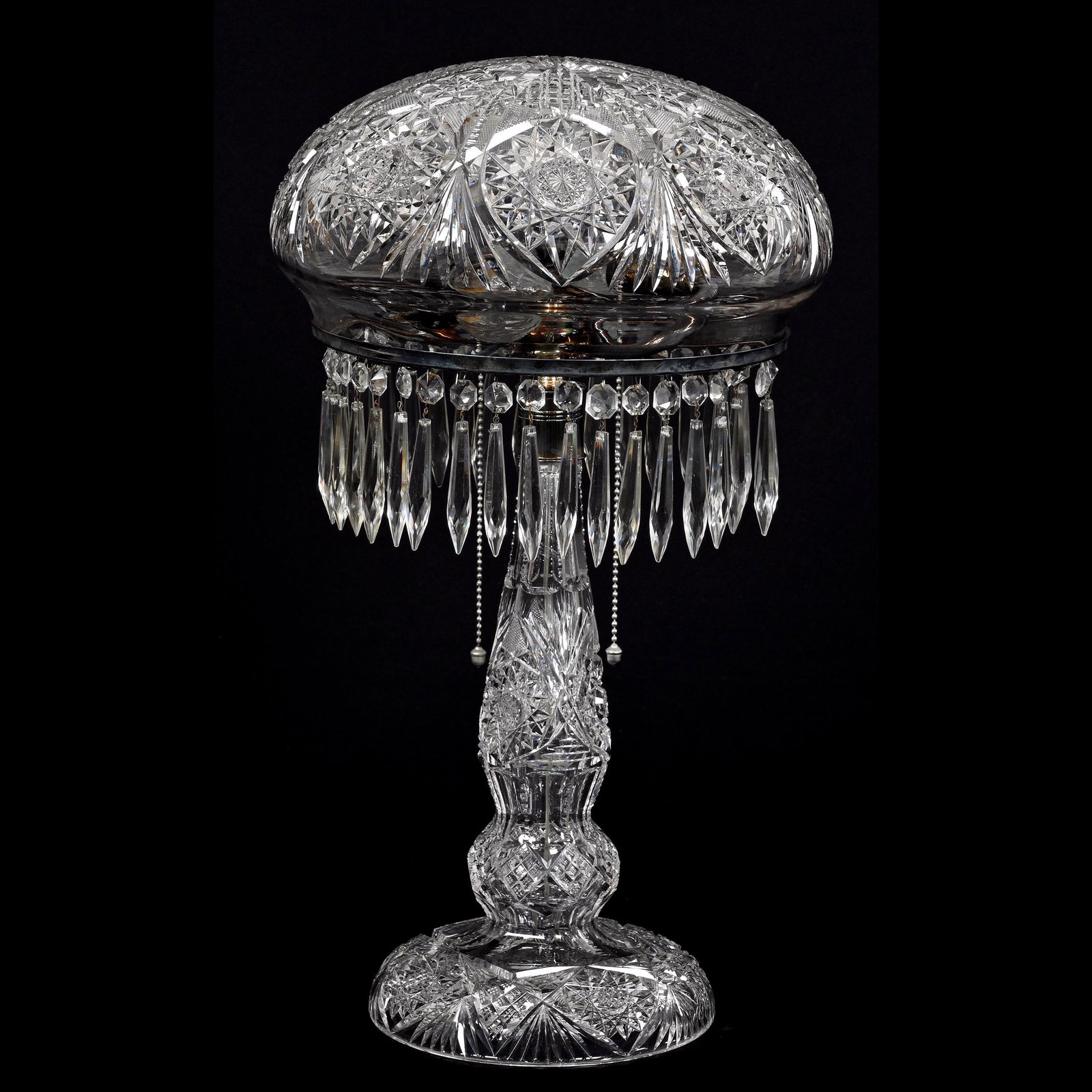 Table Lamp, Mushroom Shade, ABCG: Table Lamp, Mushroom Shade, American Brilliant Cut Glass, 21.5" x 12", Estelle Pattern By Pairpoint, Electrified, Double Light, Small Prisms, Ground Chip Interior Rim Of Shade, Joe Panico Collection O