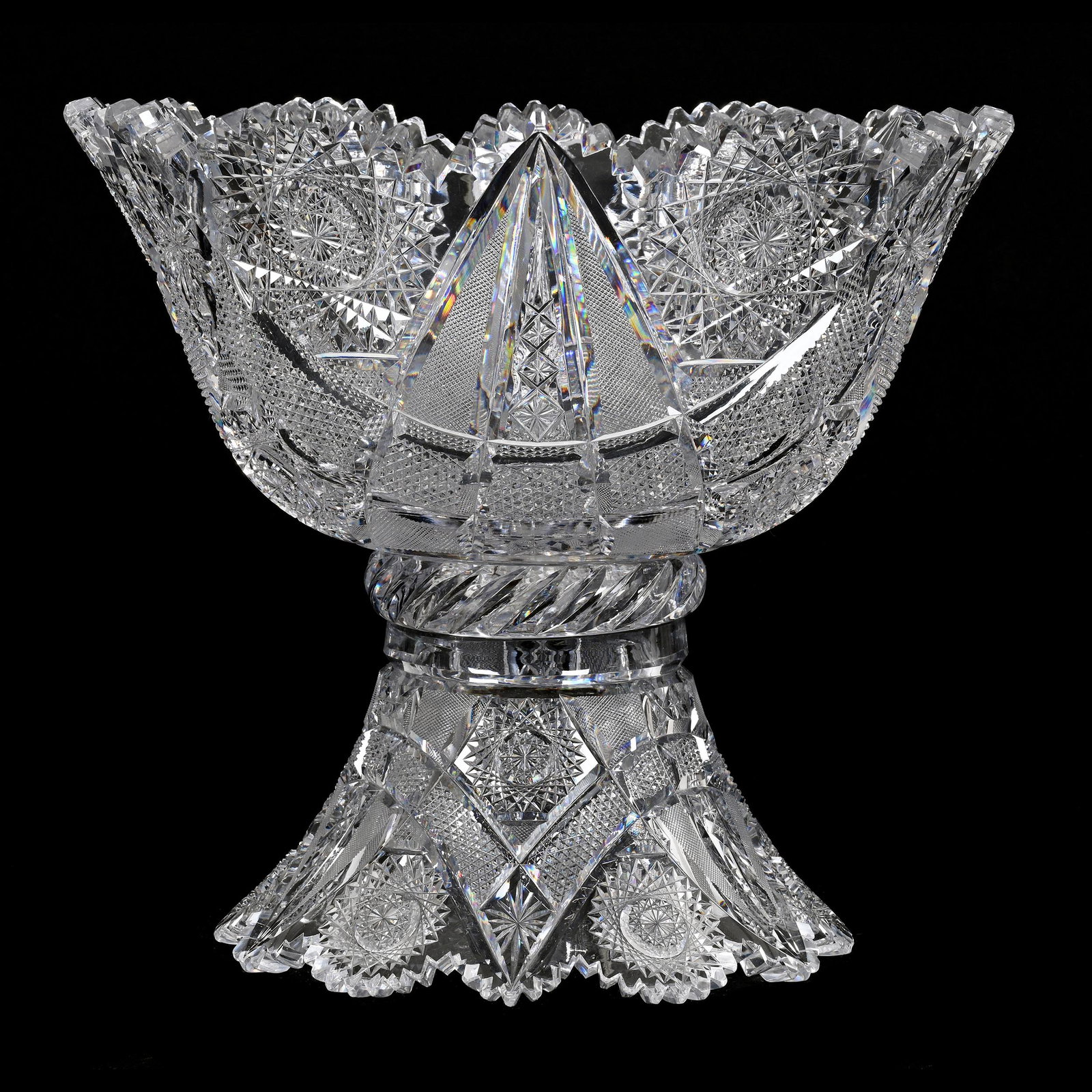 Punch Bowl, Two Part, ABCG, Signed Clark: Punch Bowl, Two Part, American Brilliant Cut Glass, Signed Clark, 13" x 14.75", Holland Pattern, Extra Thick Blank, Excellent Example, Total Weight Of Over 27 Pounds, Two Minor Interior Rim Chips On T
