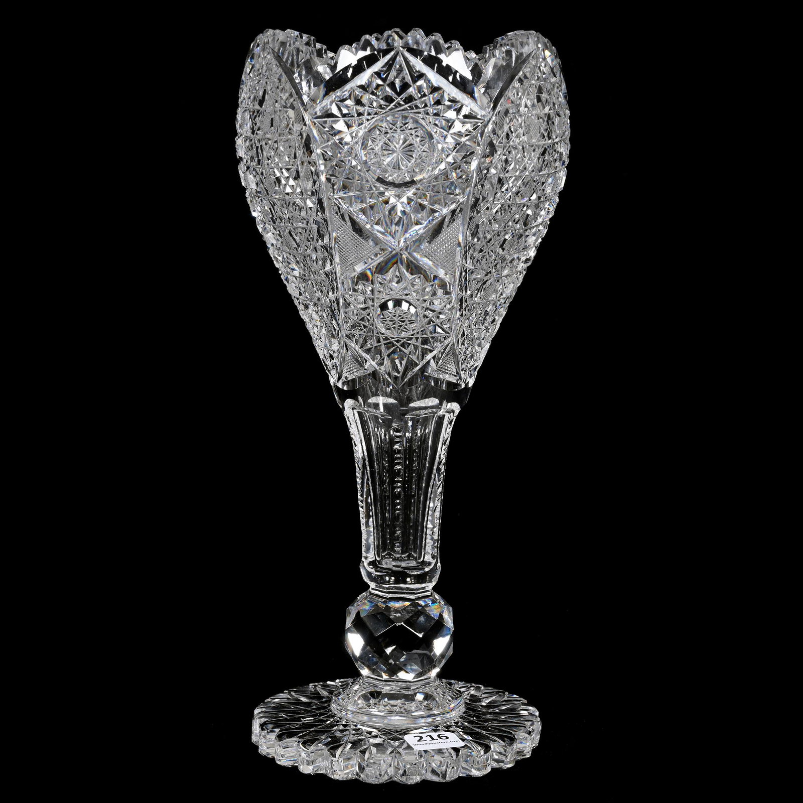 Chalice Vase, American Brilliant Cut Glass: Chalice Vase, American Brilliant Cut Glass, 11.75" x 5.25", Cluster Of Harvard Alternating With Hobstar And Strawberry Diamond Motif, Facet Cut Ball Stem, Scalloped Hobstar Foot, Quality Blank, Joe Pa