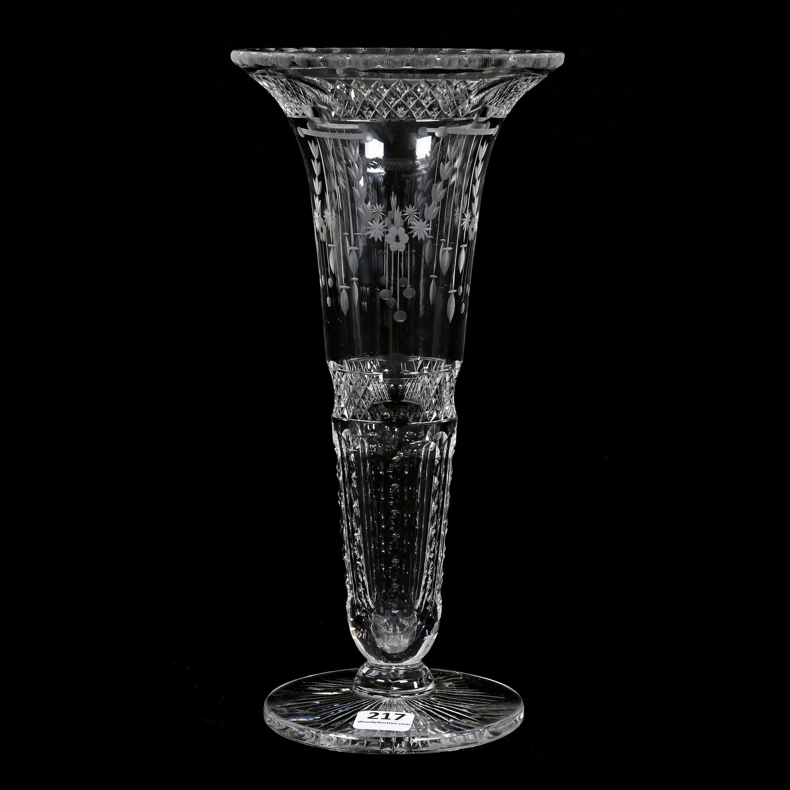 Pedestal Vase, ABCG, Signed Hawkes: Pedestal Vase, American Brilliant Cut Glass, Signed Hawkes, 10.5" x 5", Chippendale Pattern, Joe Panico Collection Of Ohio.