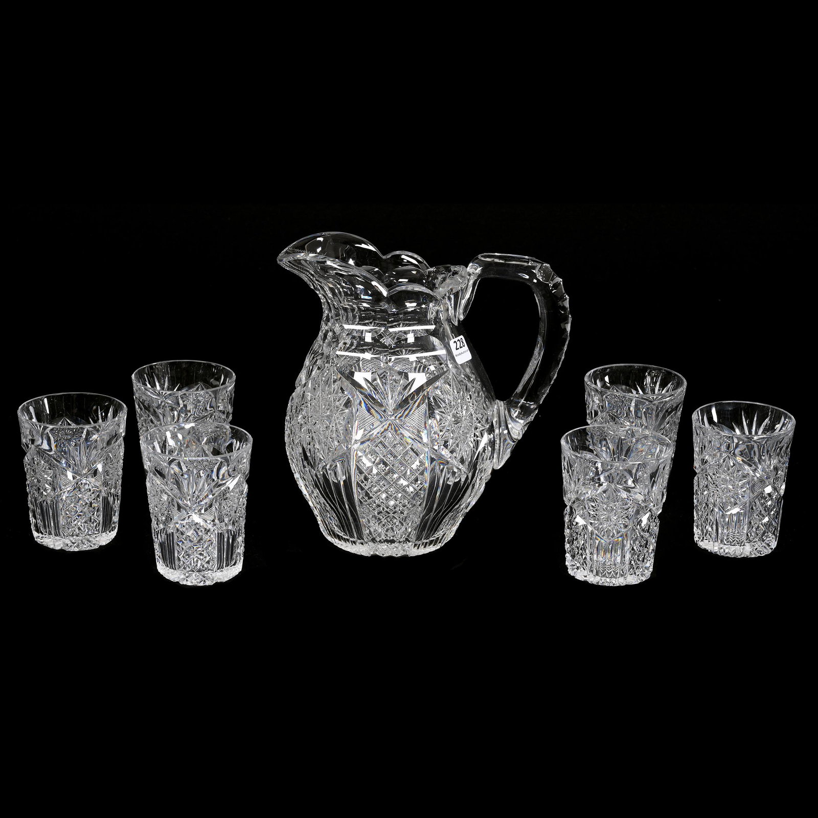 Water Set, ABCG, Signed Libbey Pattern #208: Water Set, American Brilliant Cut Glass, Signed Libbey Pattern #208, Exactly As Shown In Libbey Book By Fauster, Page 300, Triple Notched Handle, Ray Cut Base, Quality Blank, (1) 8.25" X 8" Pitcher, (