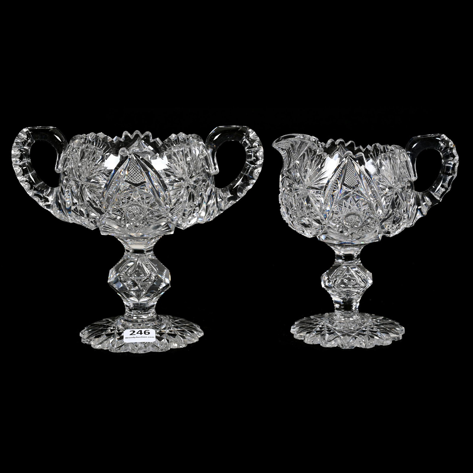 Pedestal Creamer & Sugar Set, ABCG: Pedestal Creamer & Sugar Set, American Brilliant Cut Glass, 6" x 7", Beautiful Hobstar, Strawberry Diamond And Fan Motif, Double Notched Handles, Scalloped Hobstar Foot, Facet Cut Teardrop Knob Stem, 