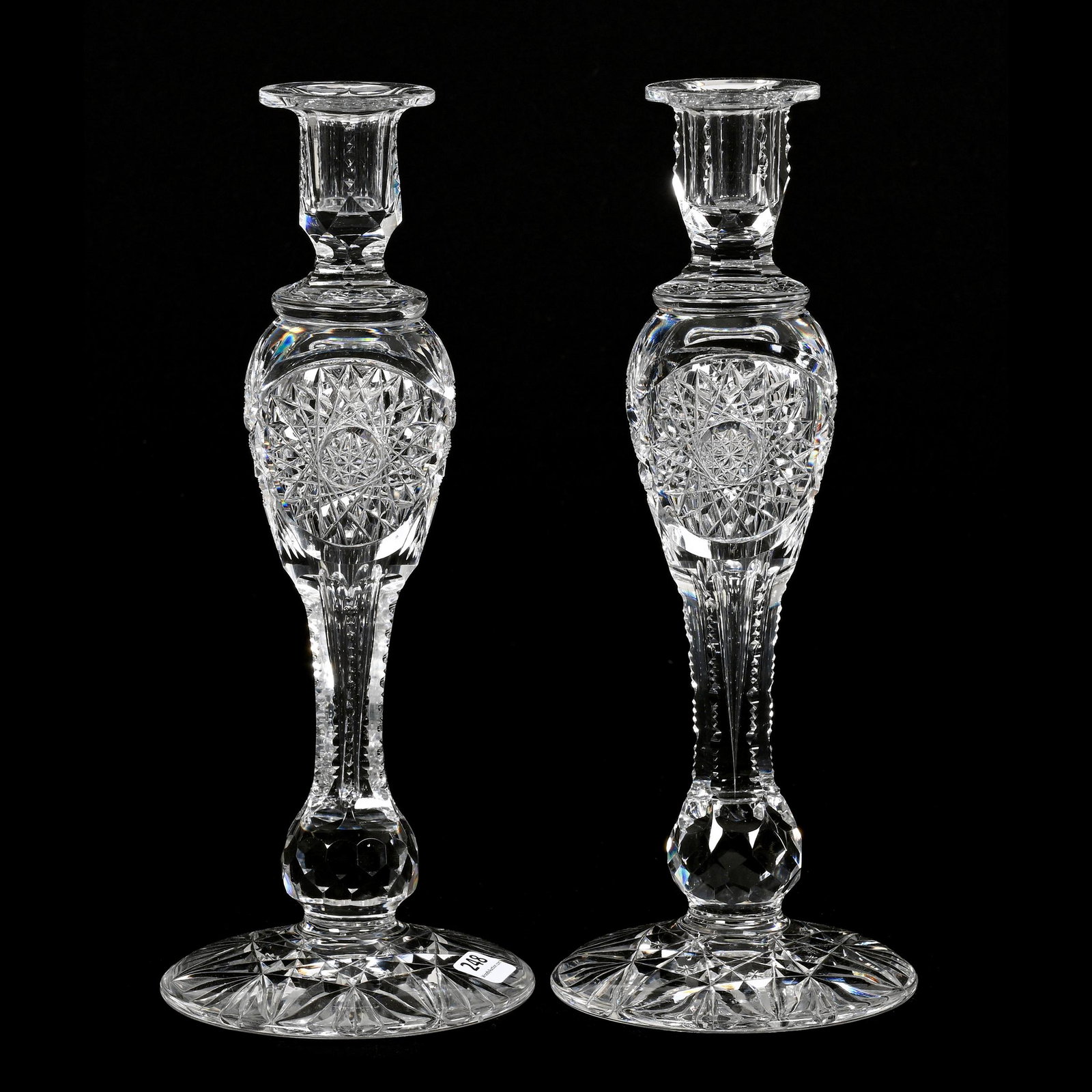 Pair Candlesticks, ABCG, Signed Bergen: Pair Candlesticks, American Brilliant Cut Glass, Signed Bergen, 12" x 5", Exceptionally Well Cut Hobstar, Strawberry Diamond And Fan With Facet Cut Knob Stem, Flashed Hobstar Foot, Very Heavy Blank, J
