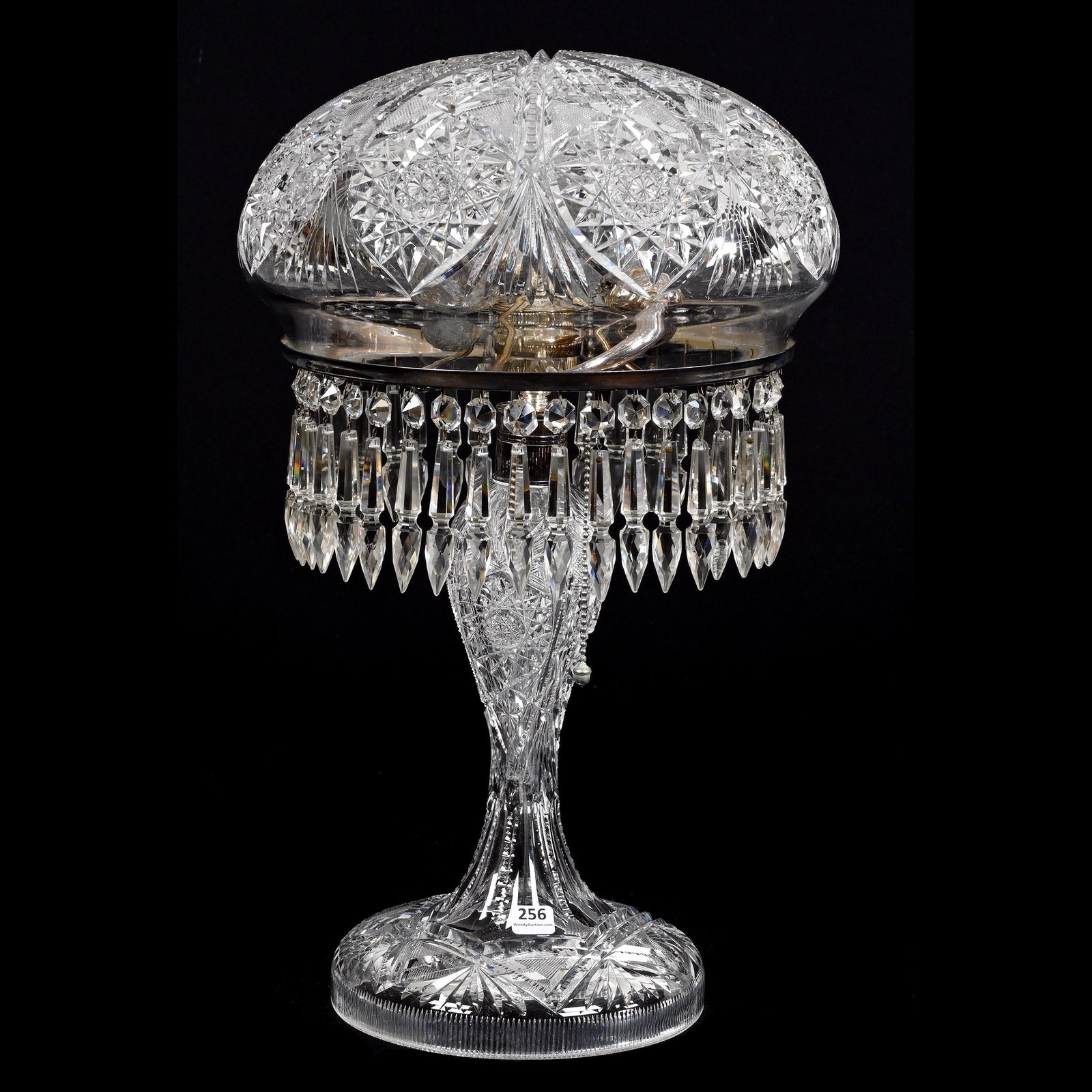 Table Lamp, Mushroom Shade, American Brilliant Cut Glass: Table Lamp, Mushroom Shade, American Brilliant Cut Glass, 20" x 12", Estelle Pattern By Pairpoint, Electrified, Two Light, Joe Panico Collection Of Ohio.