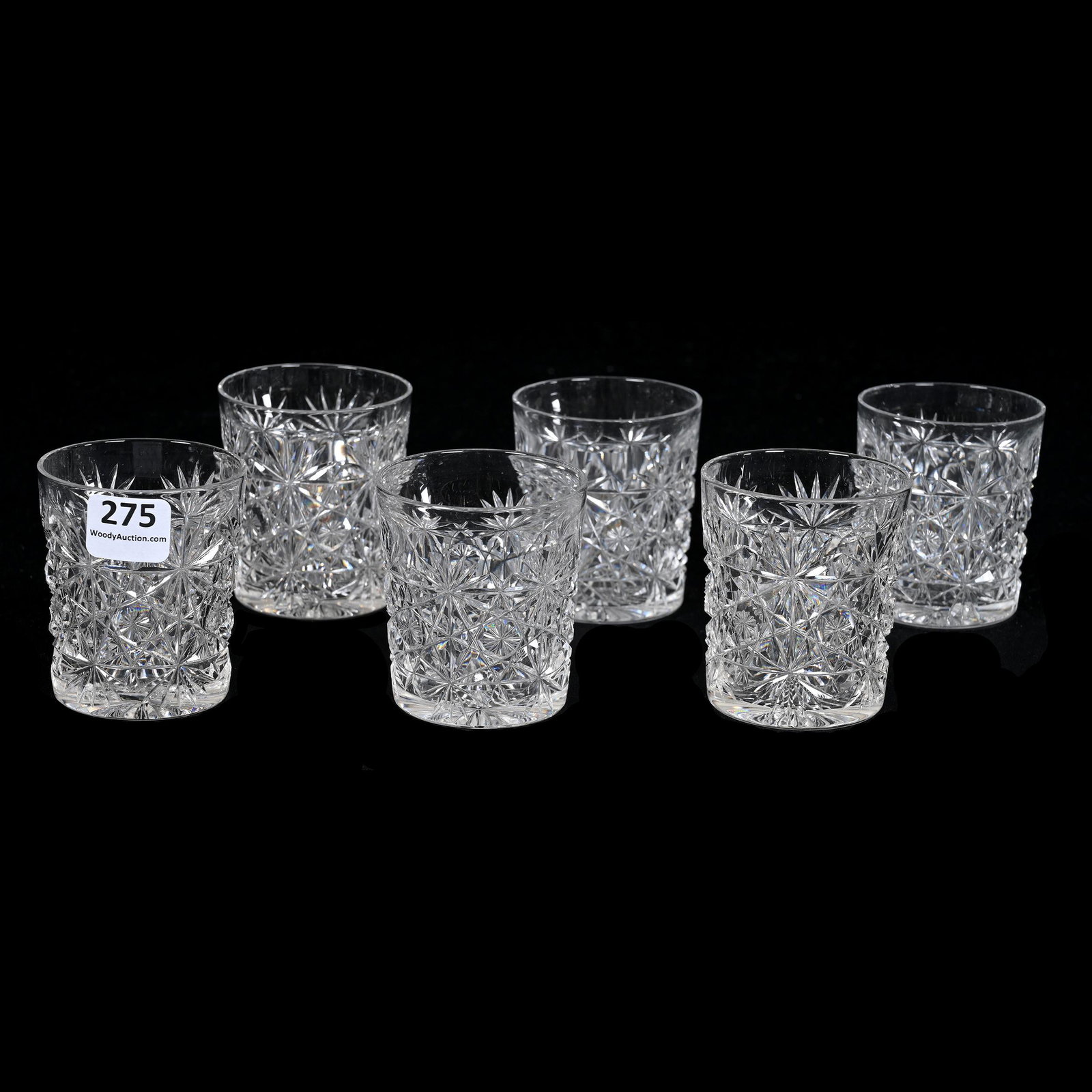 (6) Whiskey Tumblers, ABCG: (6) Whiskey Tumblers, American Brilliant Cut Glass, 2.5" x 2", Russian Pattern With Star Cut Buttons, Ray Cut Base, Joe Panico Collection Of Ohio.