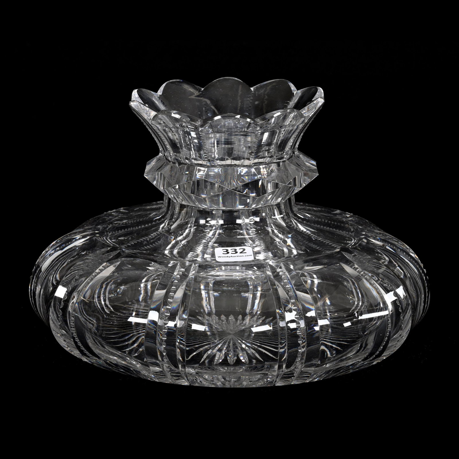 Flower Center, American Brilliant Cut Glass: Flower Center, American Brilliant Cut Glass, 6.5" x 10", Flute Pattern Alternating With Prism, Facet Cut Ring Neck, Ray Cut Base, Joe Panico Collection Of Ohio.