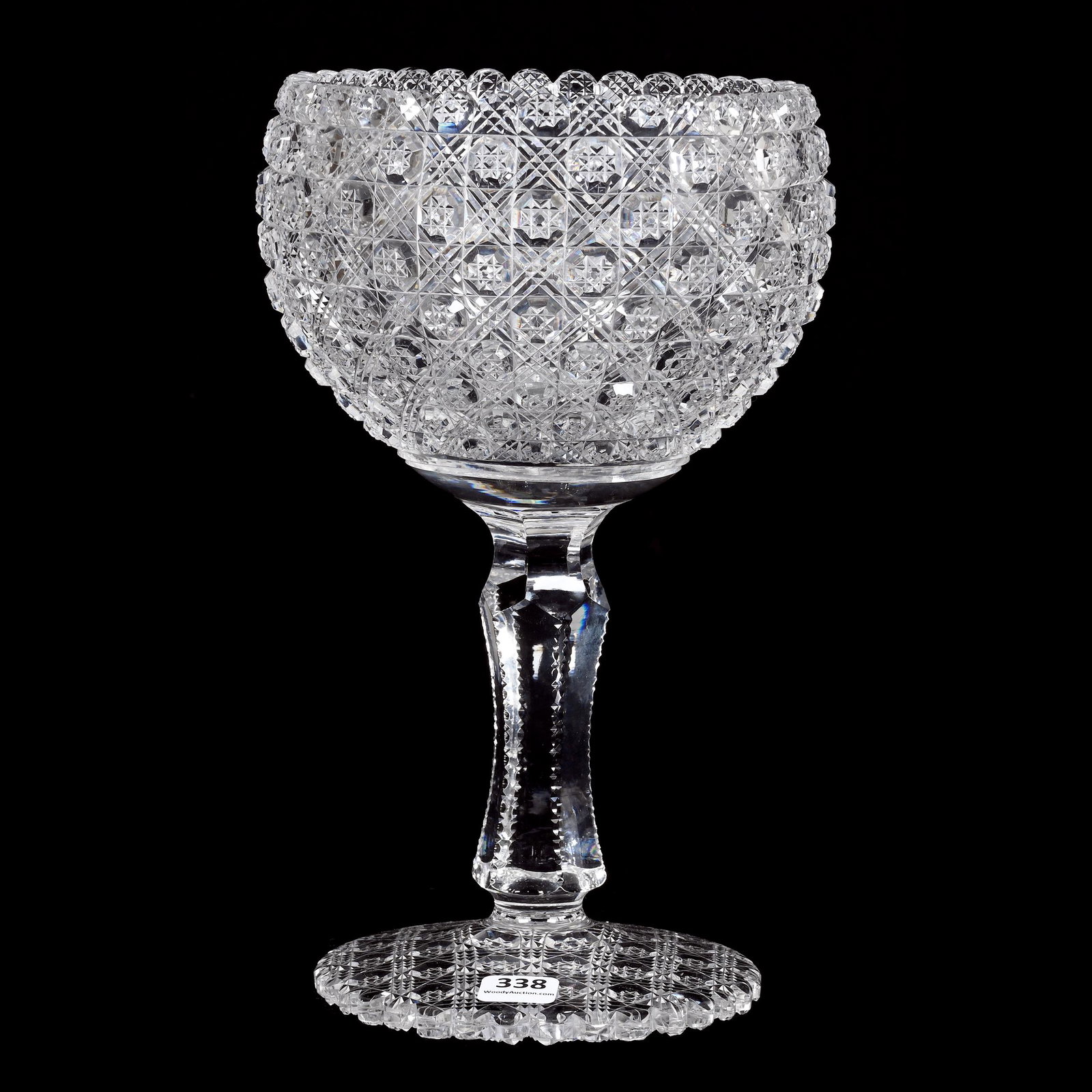 Chalice, BPCG, Triple Miter Trellis Pattern: Chalice, Brilliant Period Cut Glass, Triple Miter Trellis Pattern, 10.75" x 6.5", Attributed To Val St. Lambert, Full Pattern Cut Scalloped Foot, Nice Quality, Joe Panico Collection Of Ohio.