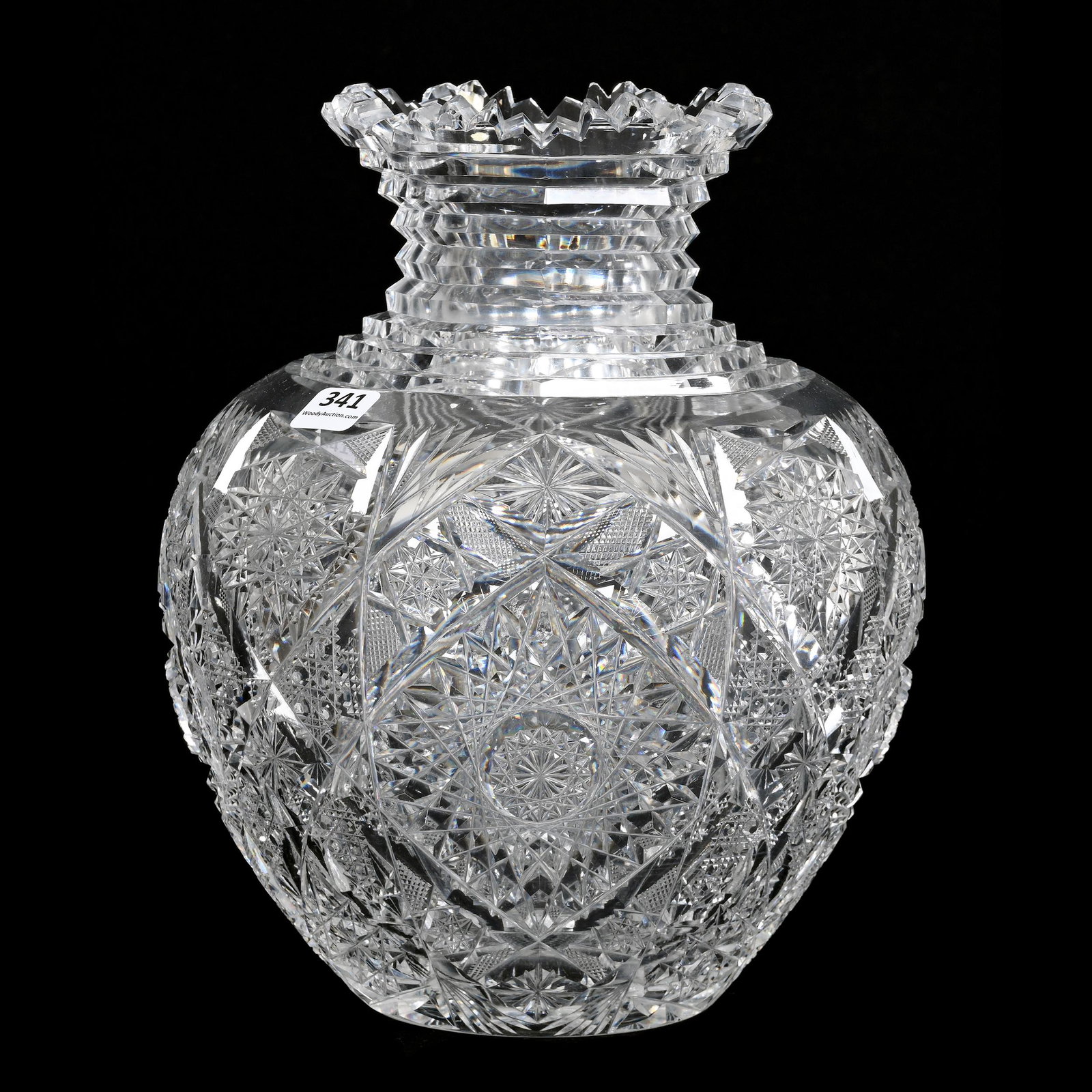 Vase, ABCG, Mistletoe Pattern By Clark: Vase, American Brilliant Cut Glass, Mistletoe Pattern By Clark, 10" x 8", Ray Cut Base, Extra Clear Blank, Three Tooth Chips, Pattern Chip, Joe Panico Collection Of Ohio.