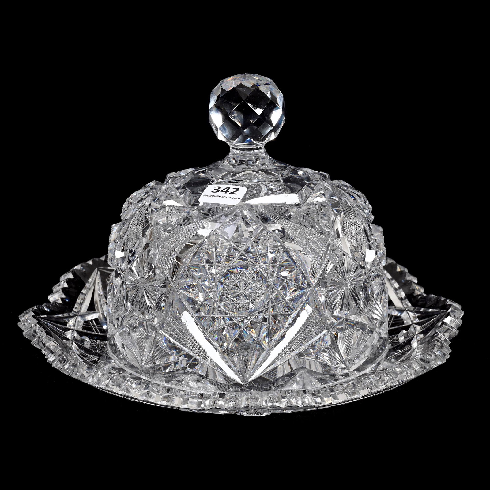 Covered Cheese Dome, ABCG: Covered Cheese Dome, American Brilliant Cut Glass, 6.25" x 9.5", Hobstar, Zipper, Crosshatch Motif, Some Interior Rim Nicks On Base Of Lid, Tooth Chip On Plate, Joe Panico Collection Of Ohio.