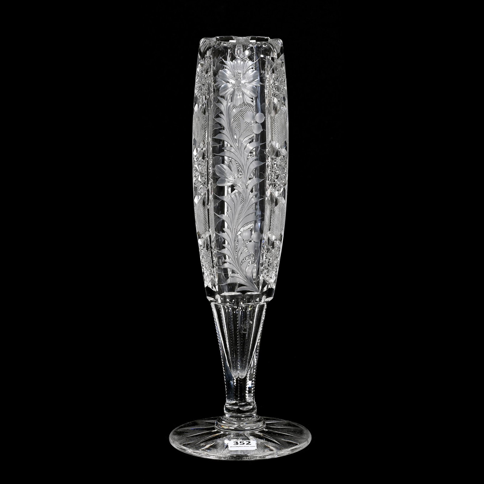 Pedestal Vase, ABCG, Signed Tuthill Primrose Pattern: Pedestal Vase, American Brilliant Cut Glass, Signed Tuthill Primrose Pattern, 13" x 4.5", Flashed Ray Cut Base, Joe Panico Collection Of Ohio.