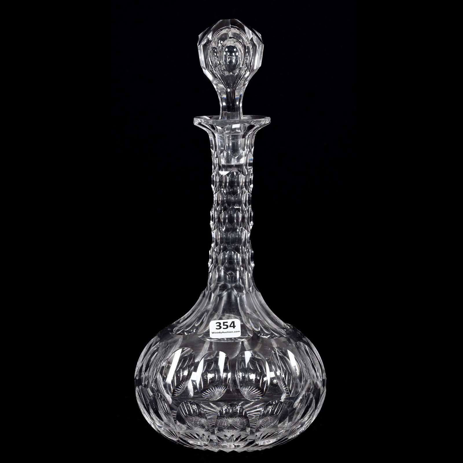 Decanter, American Brilliant Cut Glass: Decanter, American Brilliant Cut Glass, 12.25" x 5.5", Punty Motif, Honeycomb Neck, Ray Cut Base, Joe Panico Collection Of Ohio.