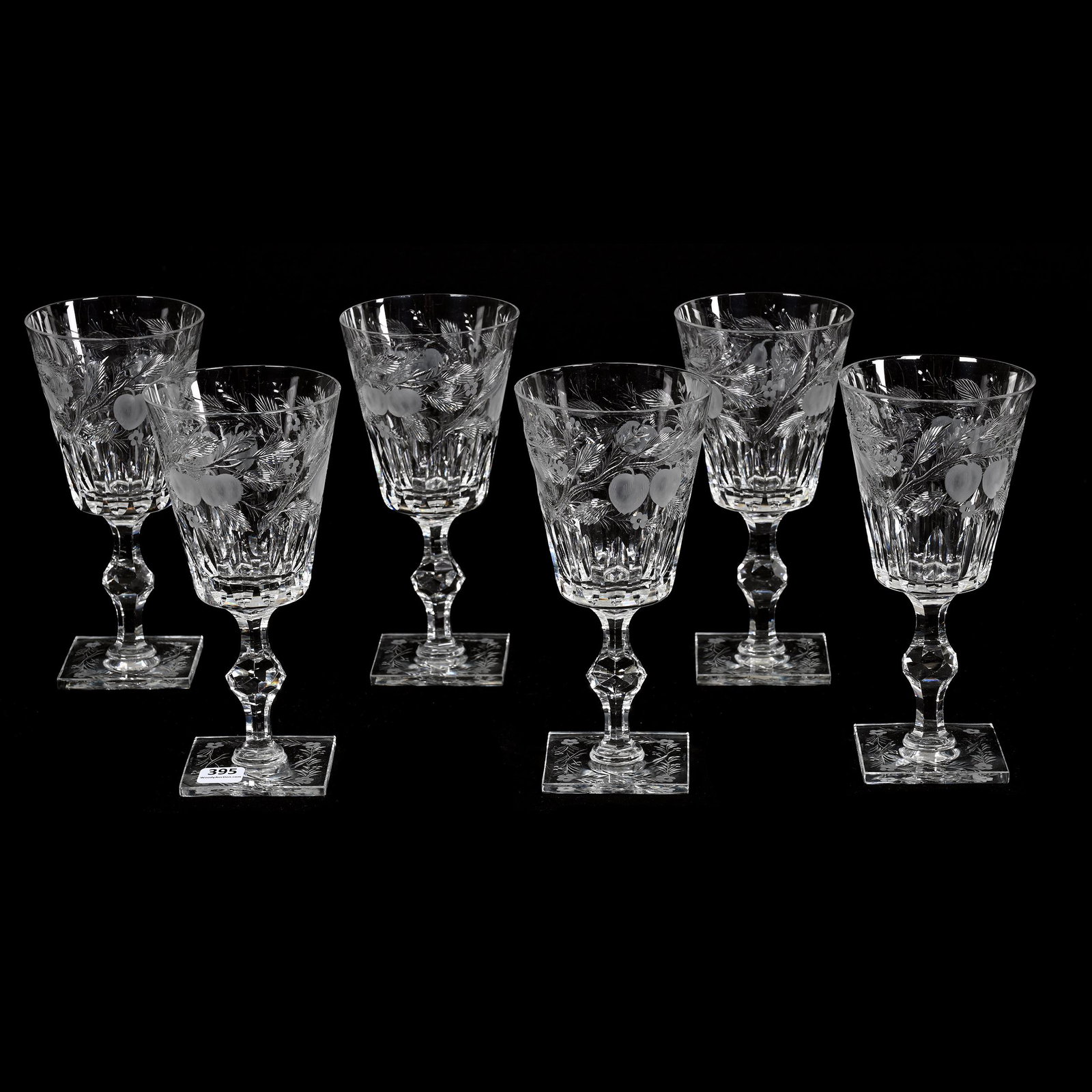 (6) Goblets, ABCG, Signed Hawkes Three Fruits: (6) Goblets, American Brilliant Cut Glass, Signed Hawkes Three Fruits, 7.75" x 3.75", Miter Highlights, Finely Engraved, Square Pattern Engraved Foot, Joe Panico Collection Of Ohio.