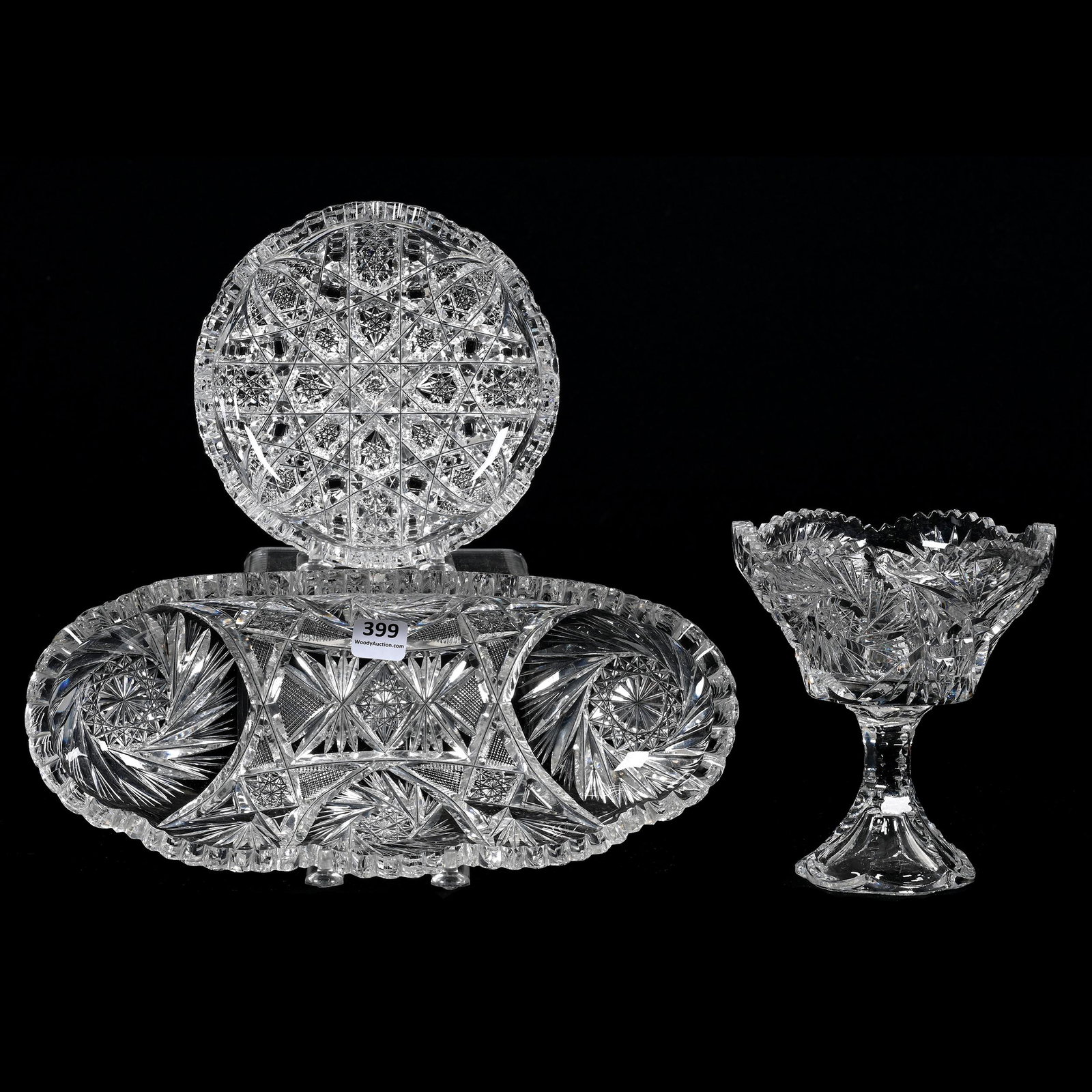 (3) Items, American Brilliant Cut Glass: (3) Items, American Brilliant Cut Glass, (1) 11.25" Celery Tray, Pinwheel, Strawberry Diamond And Fan Motif, (1) 6" Nappy, Signed J. Hoare, (1) 5.75" X 5" Compote, Pinwheel And Fan Motif, See Photos F