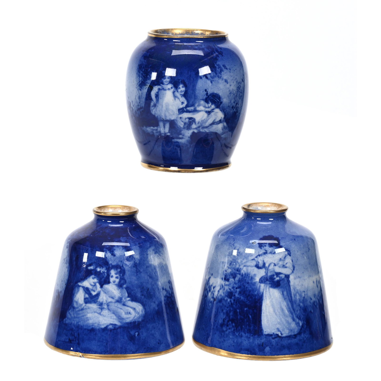 (3) Vases, Royal Doulton Flow Blue Babes In Woods: (3) Vases, Royal Doulton Flow Blue Babes In Woods, 2.75", Scenic Decor, See Photos For Details, Marked Royal Doulton, Van And Karen Turner Collection.