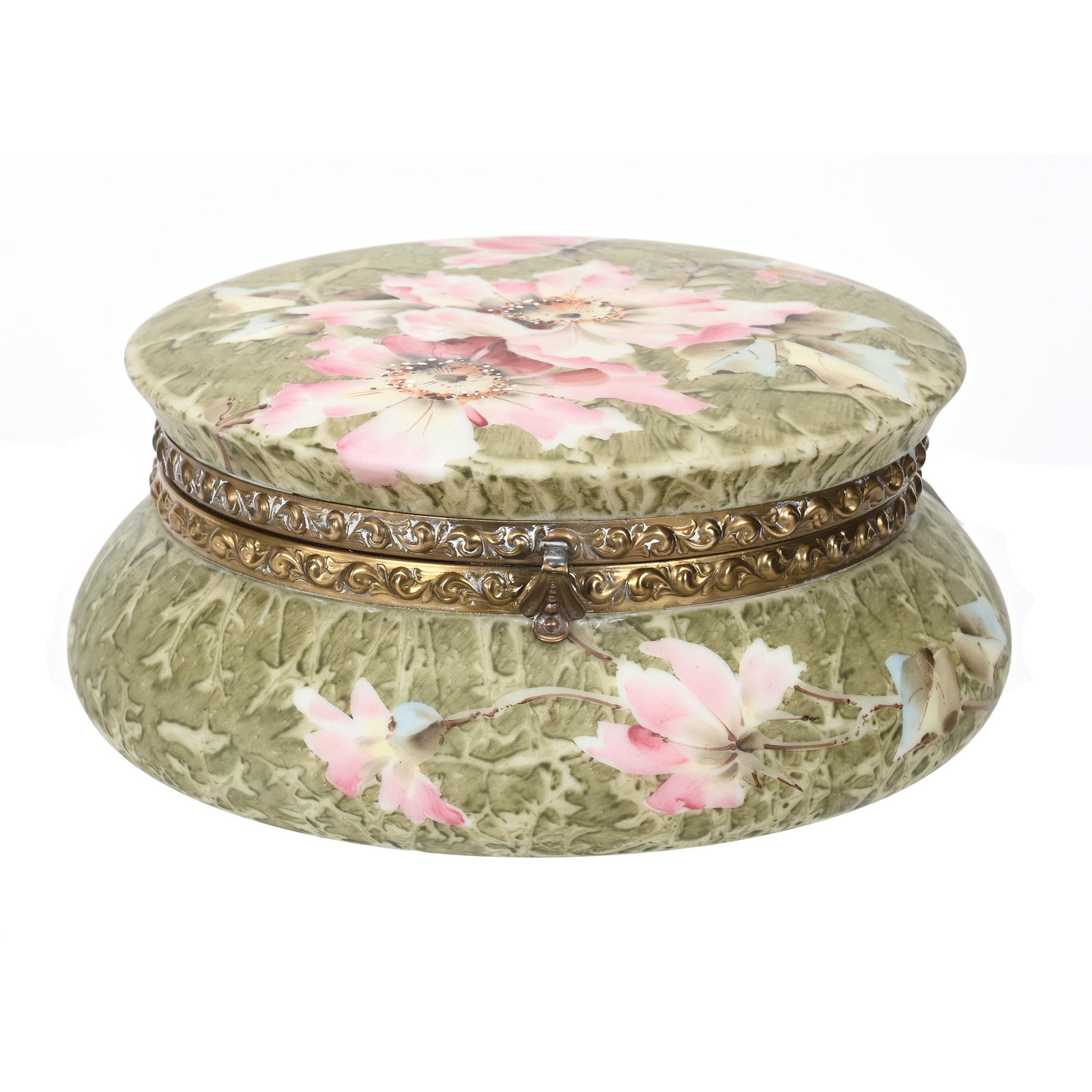 Dresser Box Marked Kelva Art Glass: Dresser Box Marked Kelva Art Glass, 3.5" x 8", Green Mottled Ground With Large Pink Poppy Decor, Van And Karen Turner Collection.