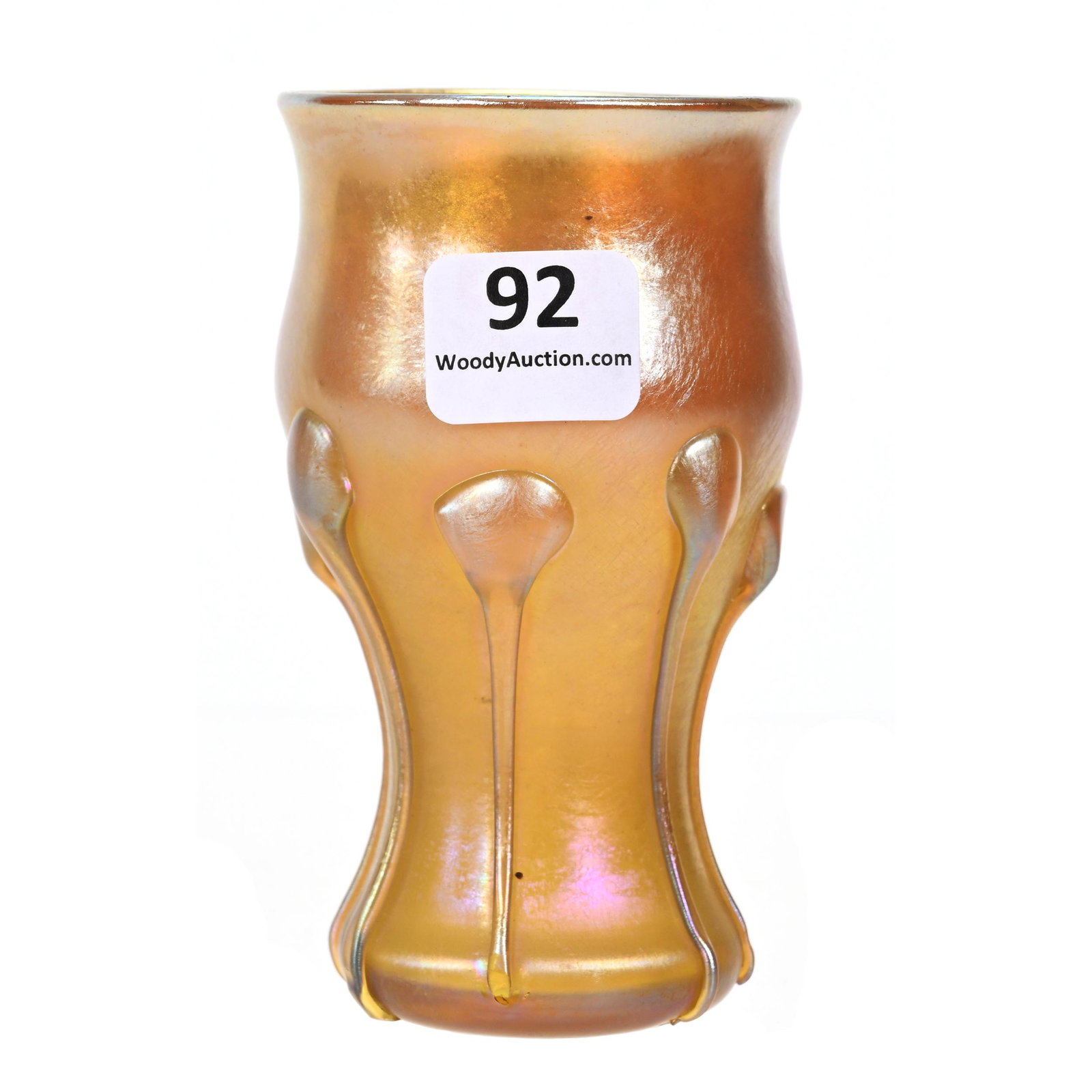 Tumbler Signed LCT (Tiffany) Art Glass: Tumbler Signed LCT (Tiffany) Art Glass, 4" x 2", Gold Iridescent With Eight Applied Tadpoles, Two Tails Have Nicks On End, Van And Karen Turner Collection.