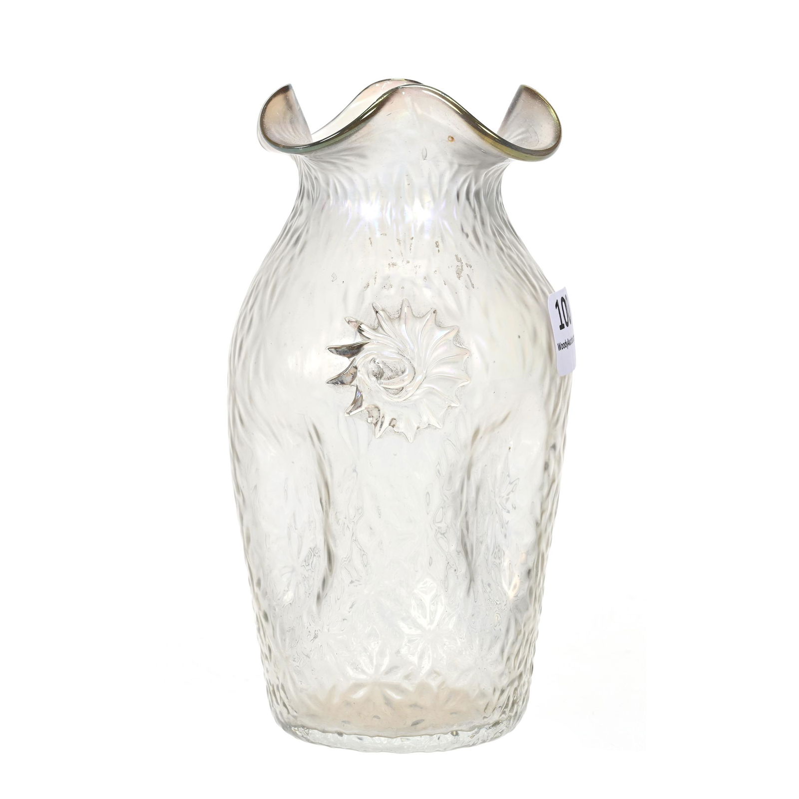 Vase, Unmarked, Attributed To Loetz Art Glass: Vase, Unmarked, Attributed To Loetz Art Glass, 5.5" x 3.25", Candia Ground With Clear Applied Prunts, Dimpled Sides, Ruffled Rim, Van And Karen Turner Collection.