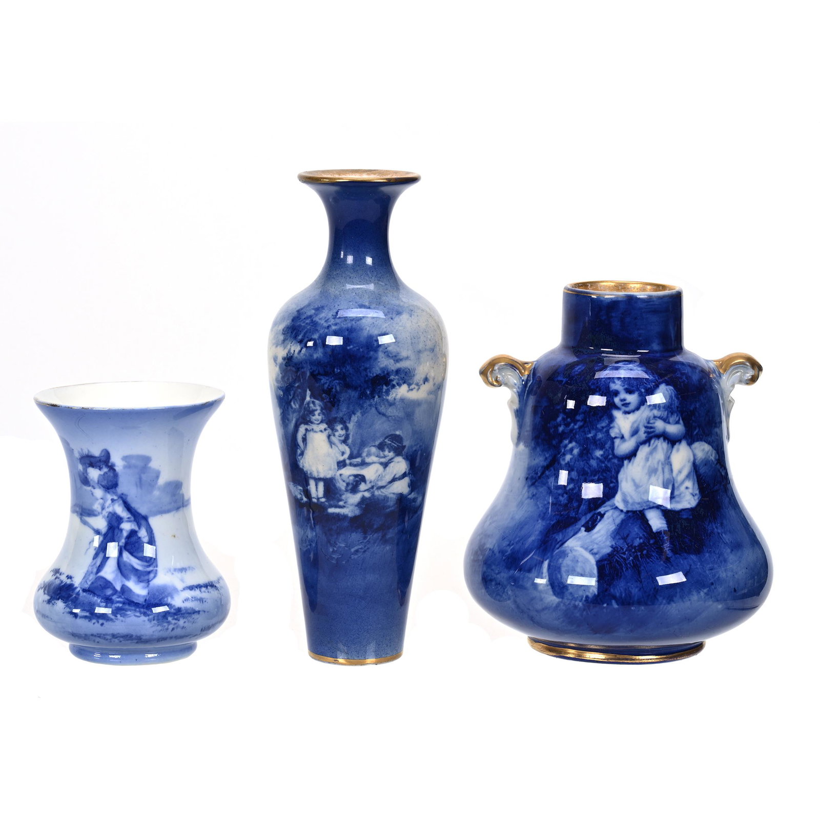 (3) Vases, Royal Doulton Flow Blue Babes In Woods: (3) Vases, Royal Doulton Flow Blue Babes In Woods, Scenic Decor, Marked Royal Doulton, (1) 6.25" x 2", (1) 4.75" x 4", (1) 3.25" x 2.5", Van And Karen Turner Collection.