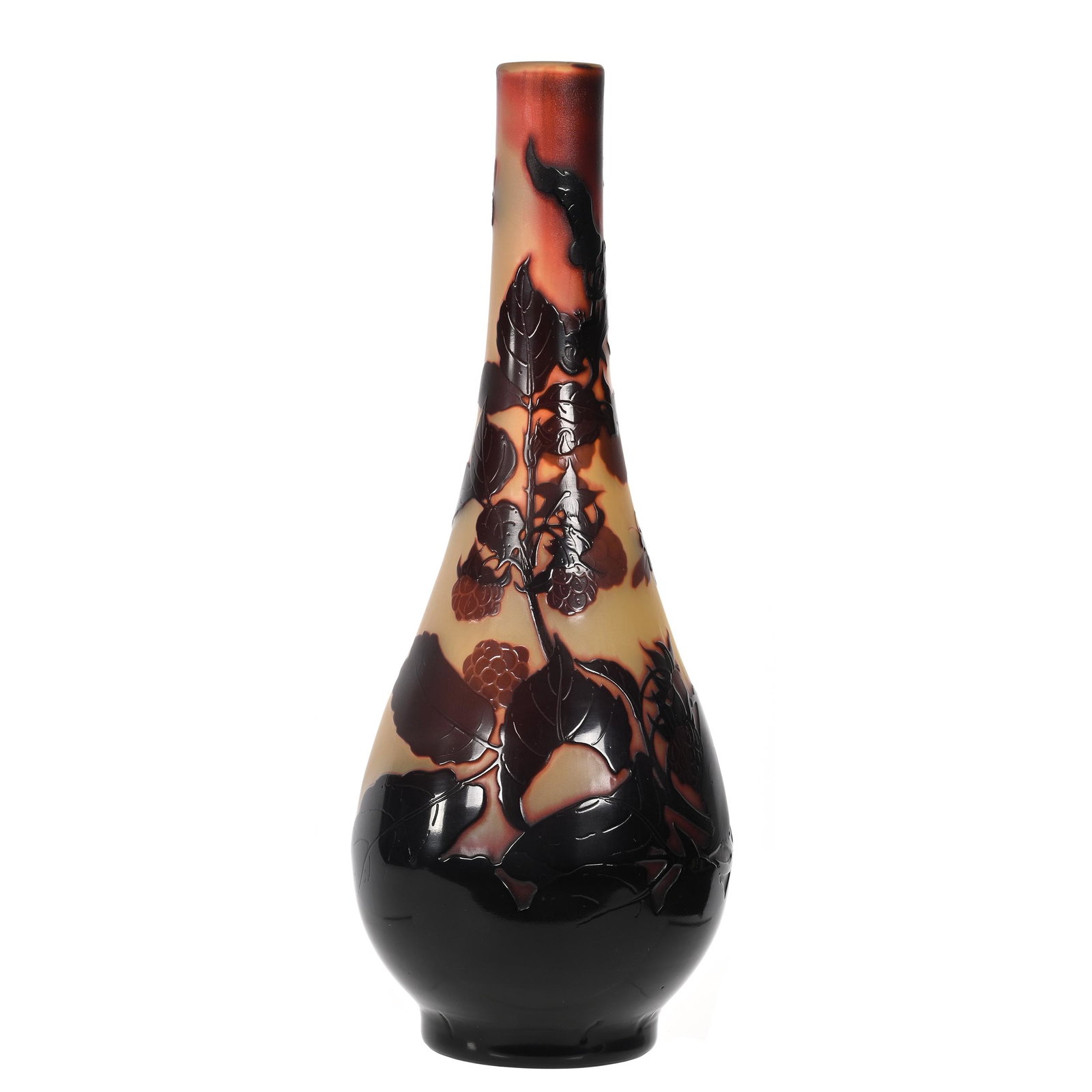 Vase Signed St. Louis Nancy French Cameo Art Glass: Vase Signed St Louis Nancy French Cameo Art Glass, 11.75" x 4.5", Yellow Ground With Dark Cranberry Cameo Cutback Overlay Of Branch, Leaf And Berry Decor With Insect, Signature Is Hidden Among Leaves,