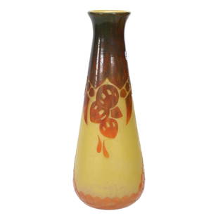 Vase Signed Charder French Cameo Art Glass: Vase Signed Charder French Cameo Art Glass, 15.25" x 5.5", Yellow Mottled Ground With Orange Art Deco Cameo Cutback Design, This Vase Is Genuine Charder From Early 20th Century, Van And Karen Turner C