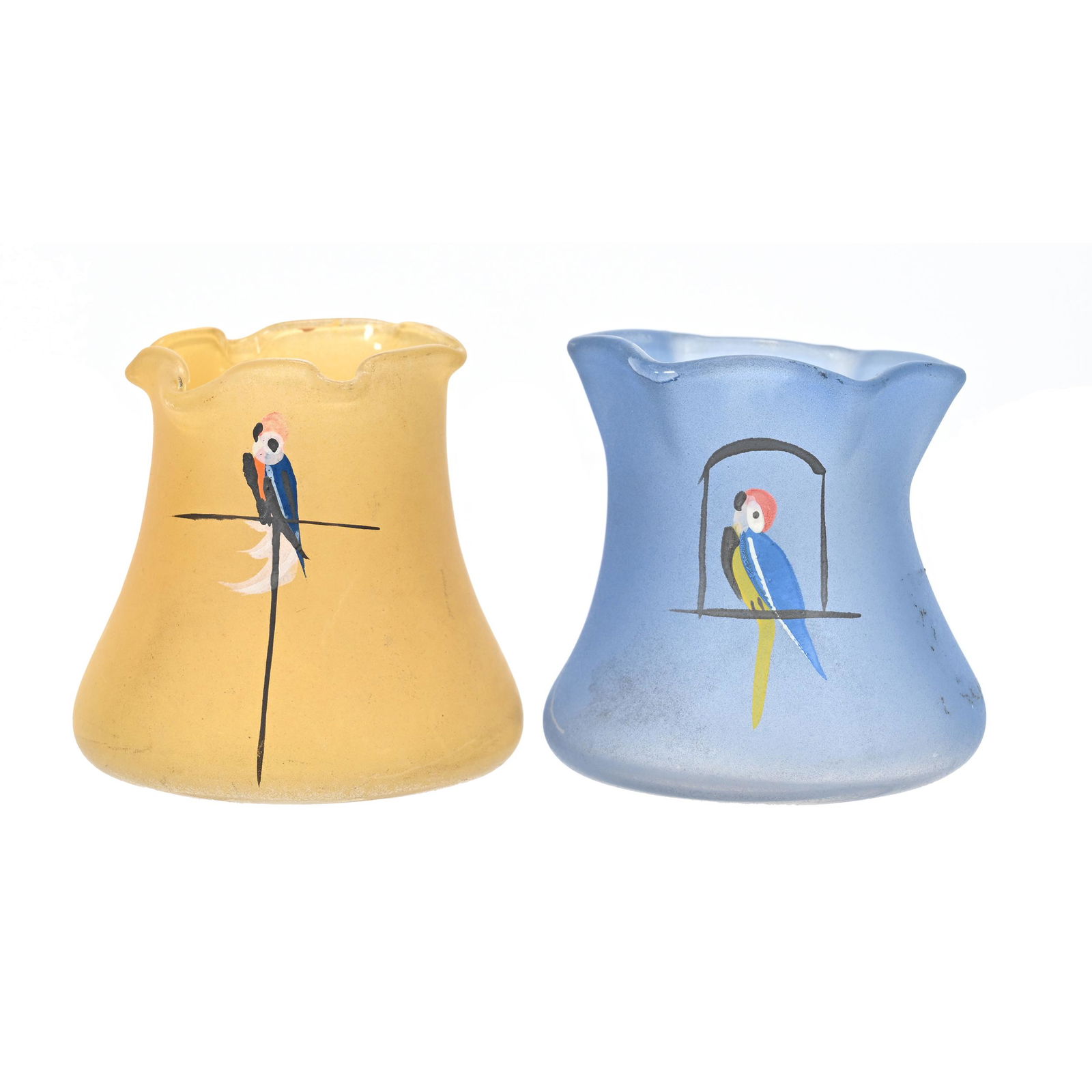 Pair Toothpick Holders With Parrot Decor: Pair Toothpick Holders With Parrot Decor, 2.25" x 2.25", (1) Blue Frosted Painted On Glass, (1) Frosted Yellow Painted On Glass, Van And Karen Turner Collection.