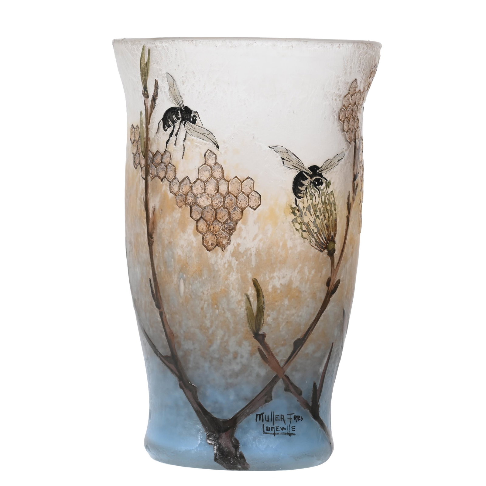 Vase Signed Muller Fres Luneville French Cameo: Vase Signed Muller Fres Luneville French Cameo, 5.5" x 3.5", White, Yellow, And Blue Mottled Ground With Cameo Cut Thistle, Honeycomb And Bee Enamel Decor, Tiny Pinhead Rim Nick, This Vase Is Genuine 
