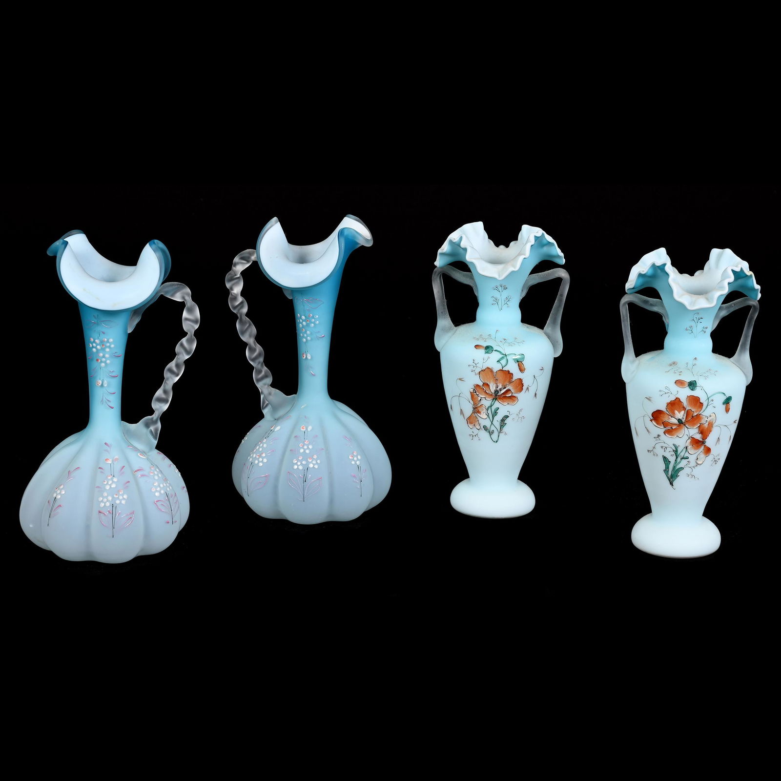 (2) Pair Vases/Ewers, Blue Satin Art Glass (1 of 3)