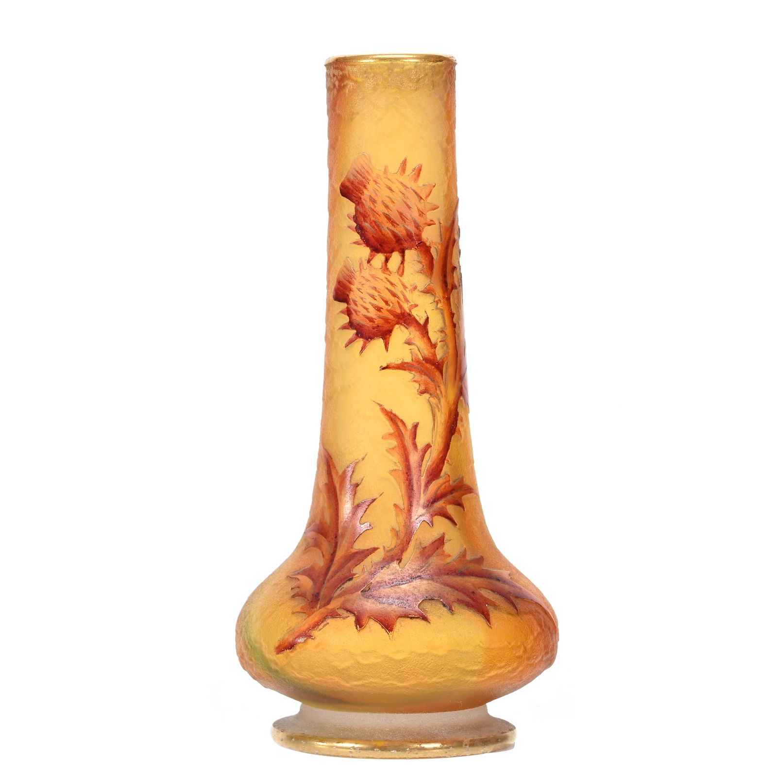 Vase Signed Daum Nancy French Cameo Art Glass: Vase Signed Daum Nancy French Cameo Art Glass, 4.5" x 2", Yellow And Apricot Ground With Thistle Cameo Cutback Overlay, Enamel Decor Highlights, Tiny Pinhead Rim Nick, This Vase Is Genuine Daum From T